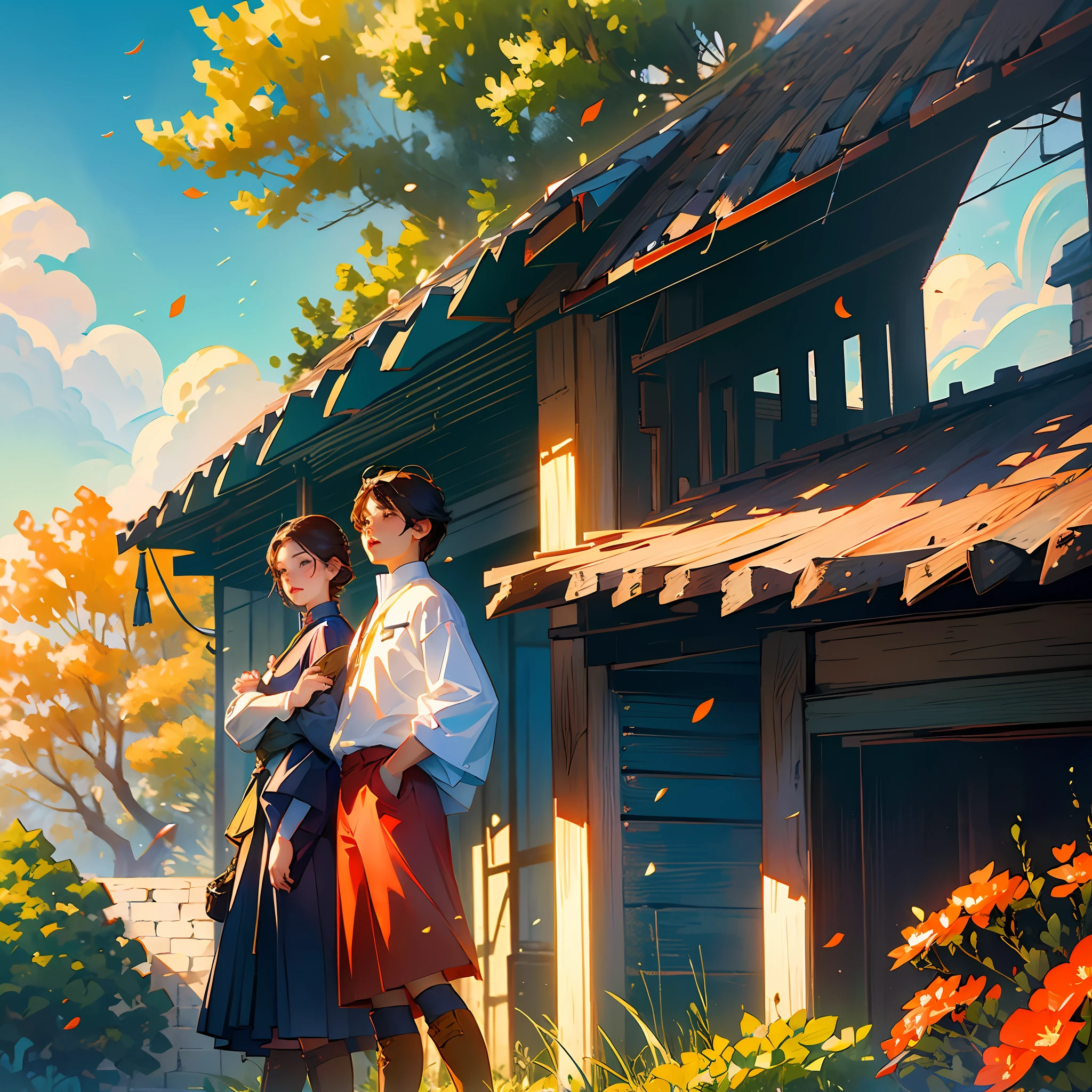 The way line art is depicted,Set against the backdrop of autumn leaves falling in the air。Take advantage of the Stable Diffusion model,Create a fantasy comic about a French farm,The visual will show the atmosphere of blue sky and sunny day。 --auto