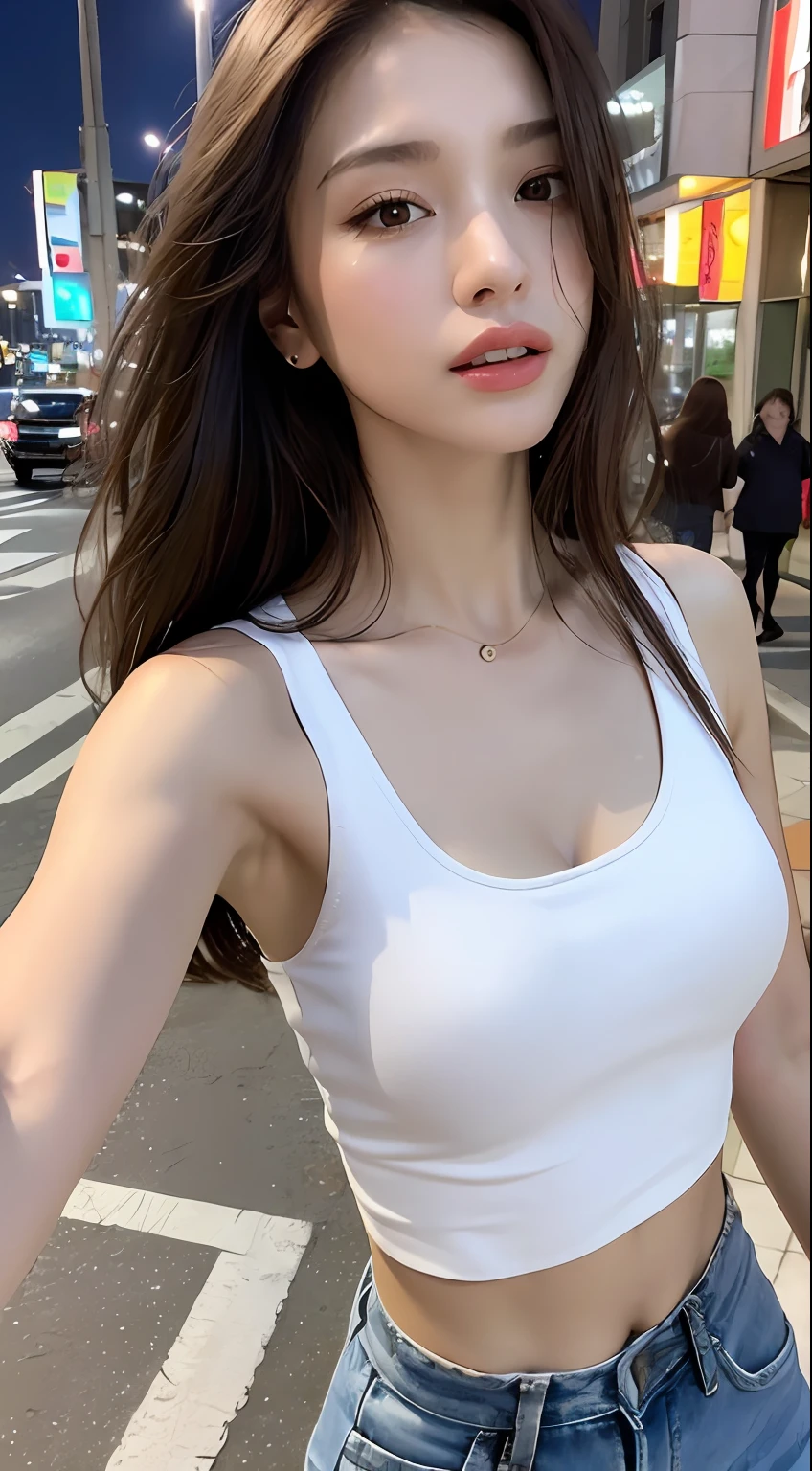 ((Realistic lighting, Best quality, 8K, Masterpiece: 1.3)), Clear focus: 1.2, 1girl, Perfect Figure: 1.4, Slim Abs: 1.1, ((Dark brown hair)), (White crop top: 1.4), (Outdoor, Night: 1.1), City streets, Super fine face, Fine eyes, Double eyelids,