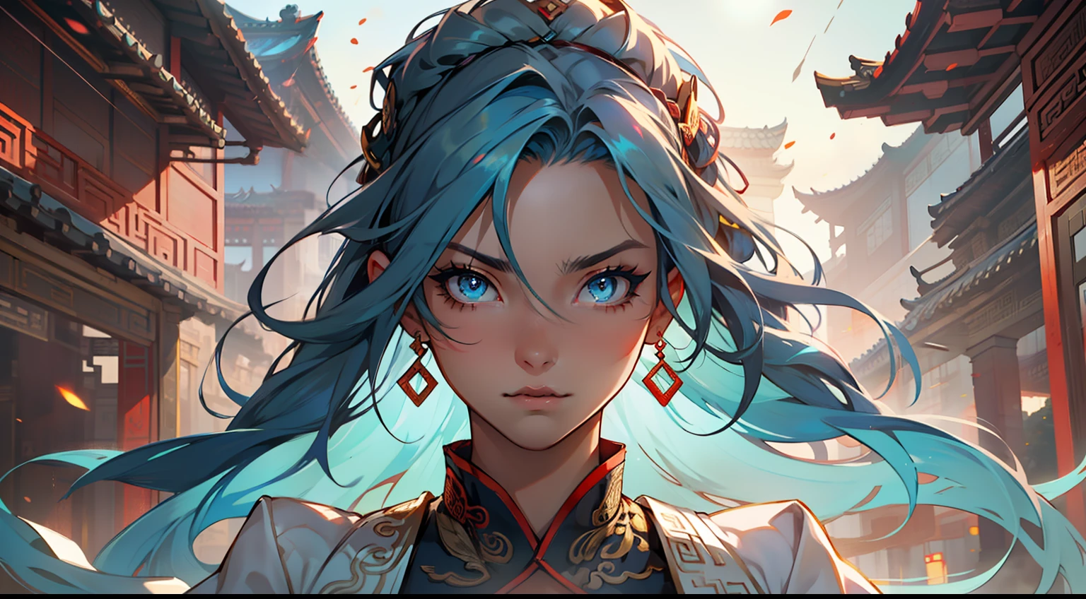 3. (1 person) The girl, with (((Blue Eyes))), (((long blue hair))), dressed in a light blue dress with a white light gauze jacket, appears graceful and dignified. Her eyes shimmer with brave radiance as she fearlessly confronts challenges. (Background: The magnificent imperial palace of ancient China)