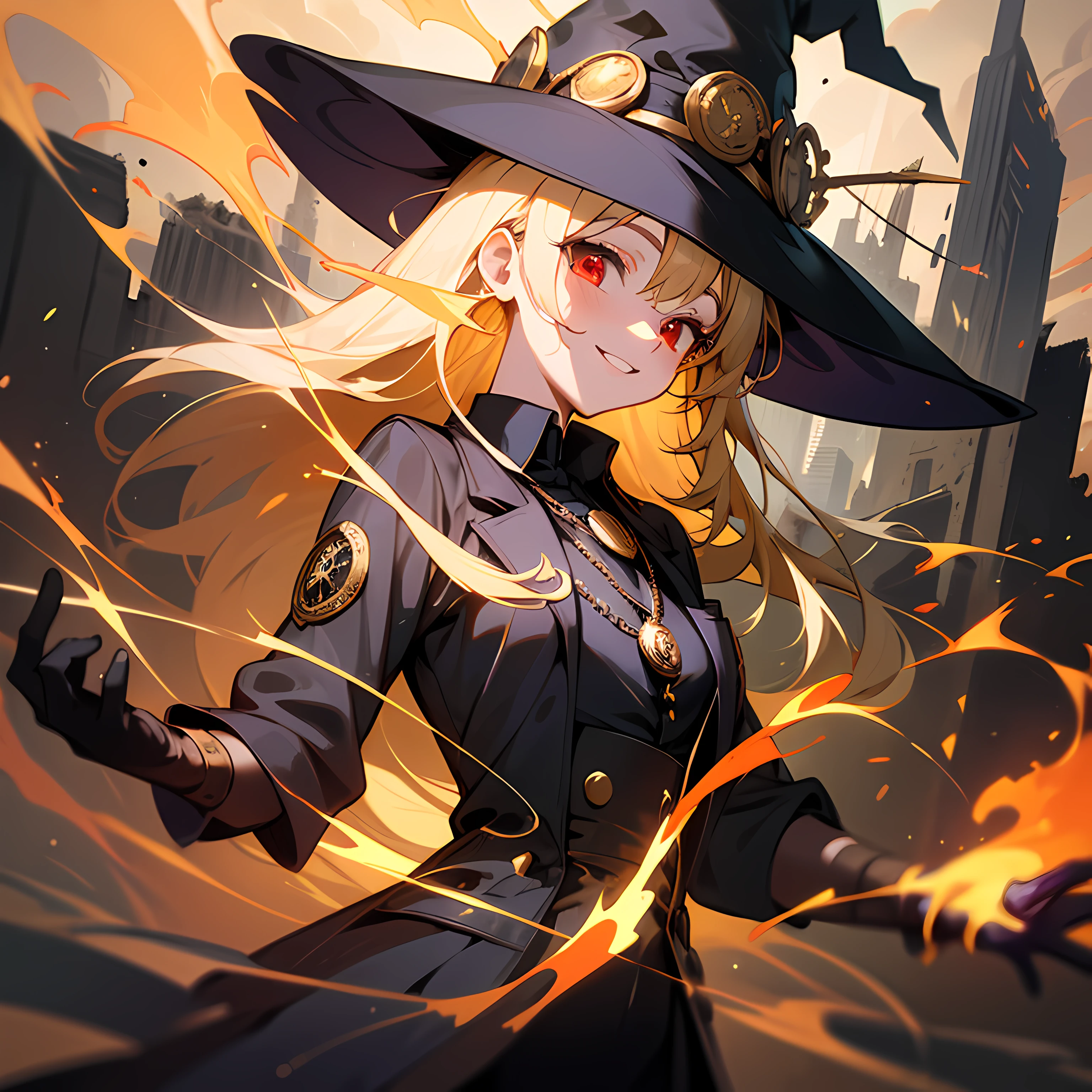 masterpiece, best quality, ultra-detailed, illustration, 1girl, focus on character, upper body, from side, close to the camera
magnificent, witch hat, red eyes, blonde hair, crazy smile, gloves, pocket watch, black clothes, crazy smile, black clothes, 
golden beam, flame effects, chaos, surround by flame, 
city, ruins, dusk