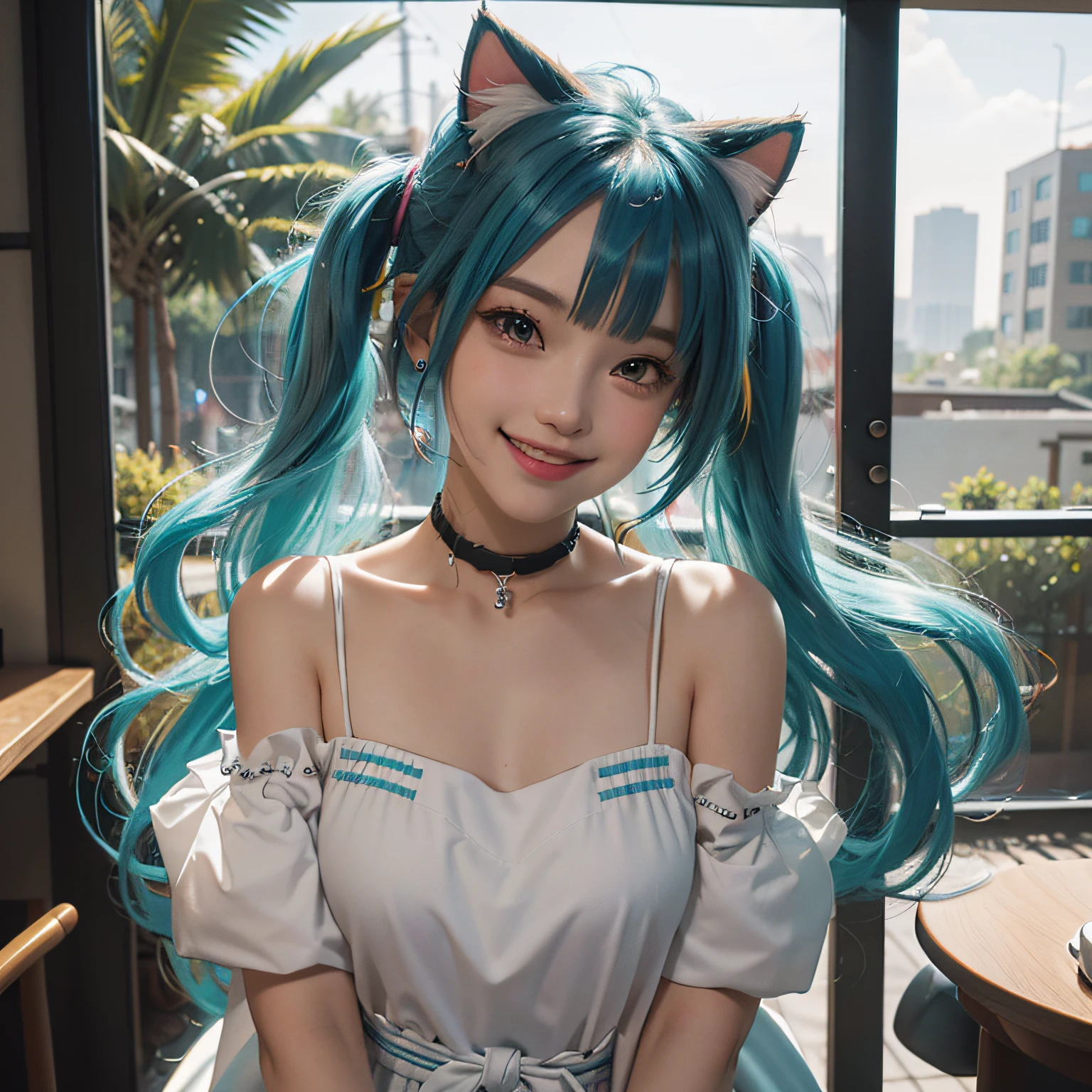 Cartoon girl with colorful hair, Hairpin, hair bobbles, anchor choker, Earrings, Smile, grin, Bright pupils, ahoge, Parted bangs, hair over shoulders, hair over shoulders,Bare shoulders，Hairpin, hair pin, Hair ribbon, hair bobbles, aqua eyes, Cat ears, Smile, grin, parted lip, Shy, modern, Realism, Ray tracing, 8K, Super detail, ccurate, Best quality, Masterpiece --auto