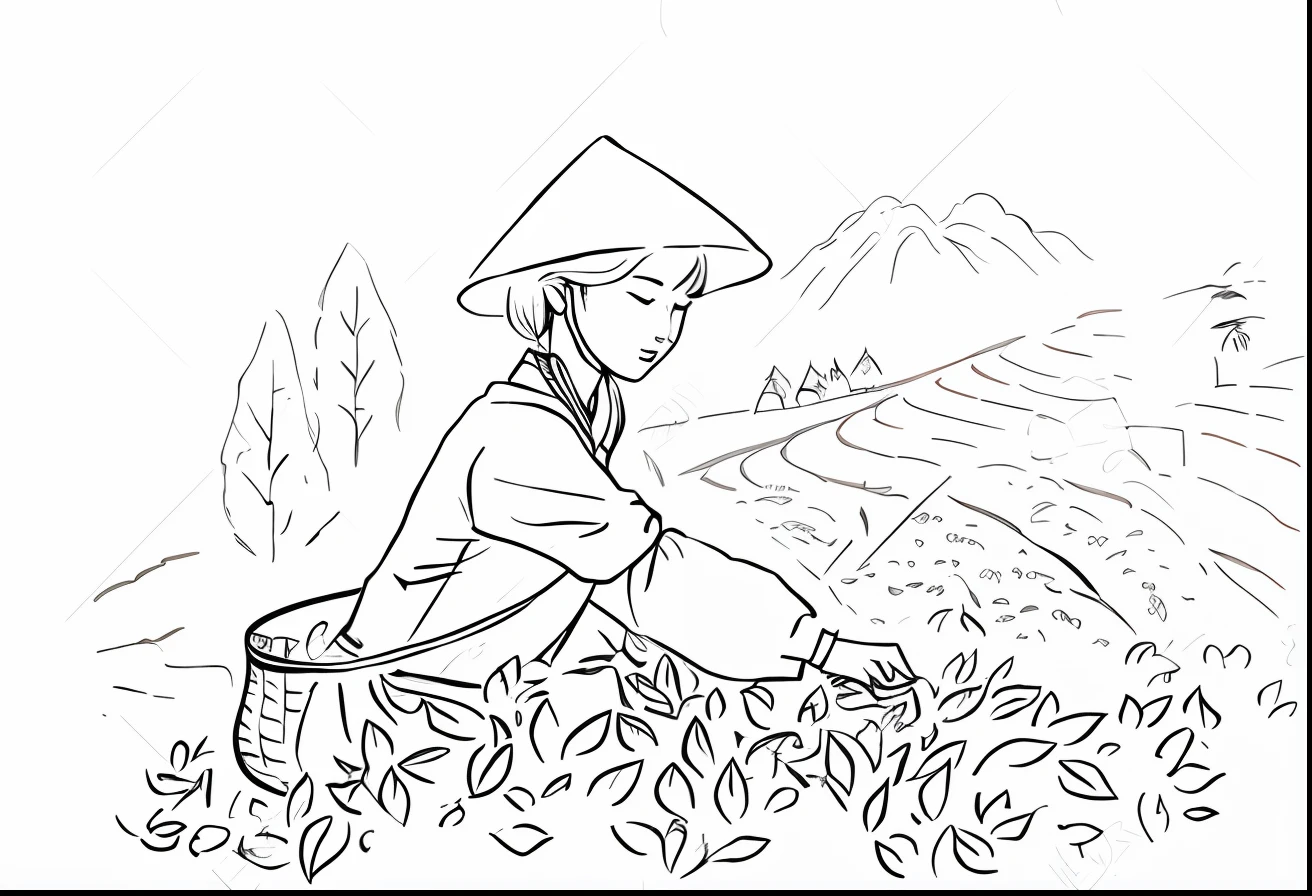 A woman picks tea leaves in a field with a basket, assam tea garden background, japanesse farmer, assam tea village background, traditional drawing style, sketch illustratio, line art illustration, Background: assam tea garden, Coloring book outline, stock illustration, serene illustration, illustration black outlining, 1024x1024, High quality sketch art, stock art