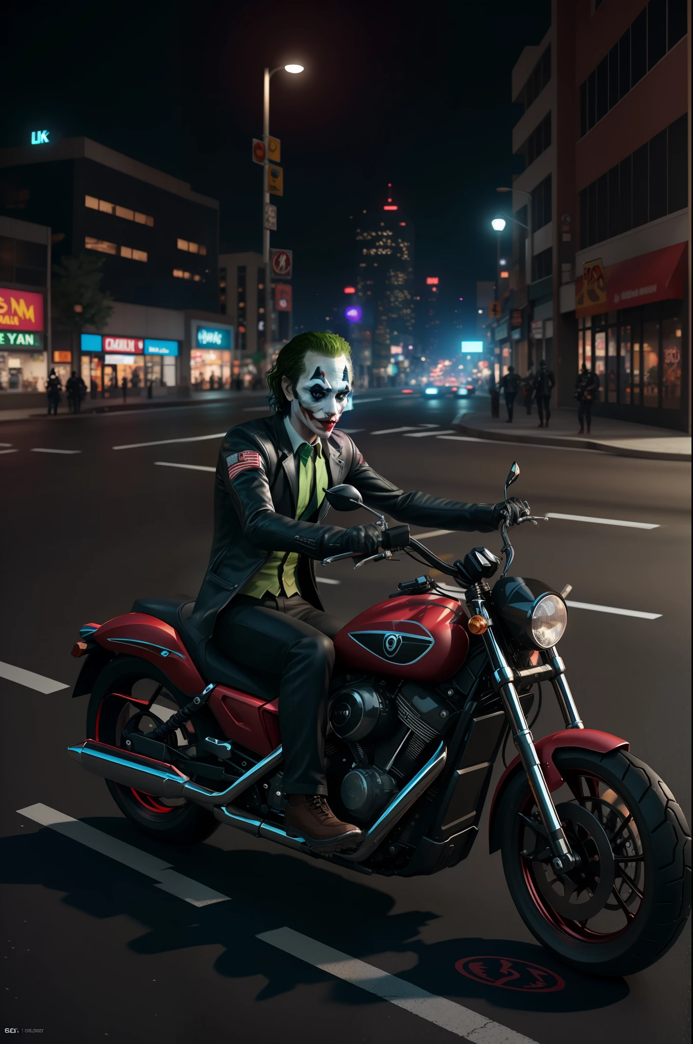Joker on a motorcycle in the middle of a city street, futuristic style joker, ray tracing on, 8k render”, 8 k cg render, cycles render 4k, 3 d render character art 8 k, 8k octane render photorealistic, style of marvel, ultra photorealistic raytracing, marvel style, 8 k octane render, 8k octane render