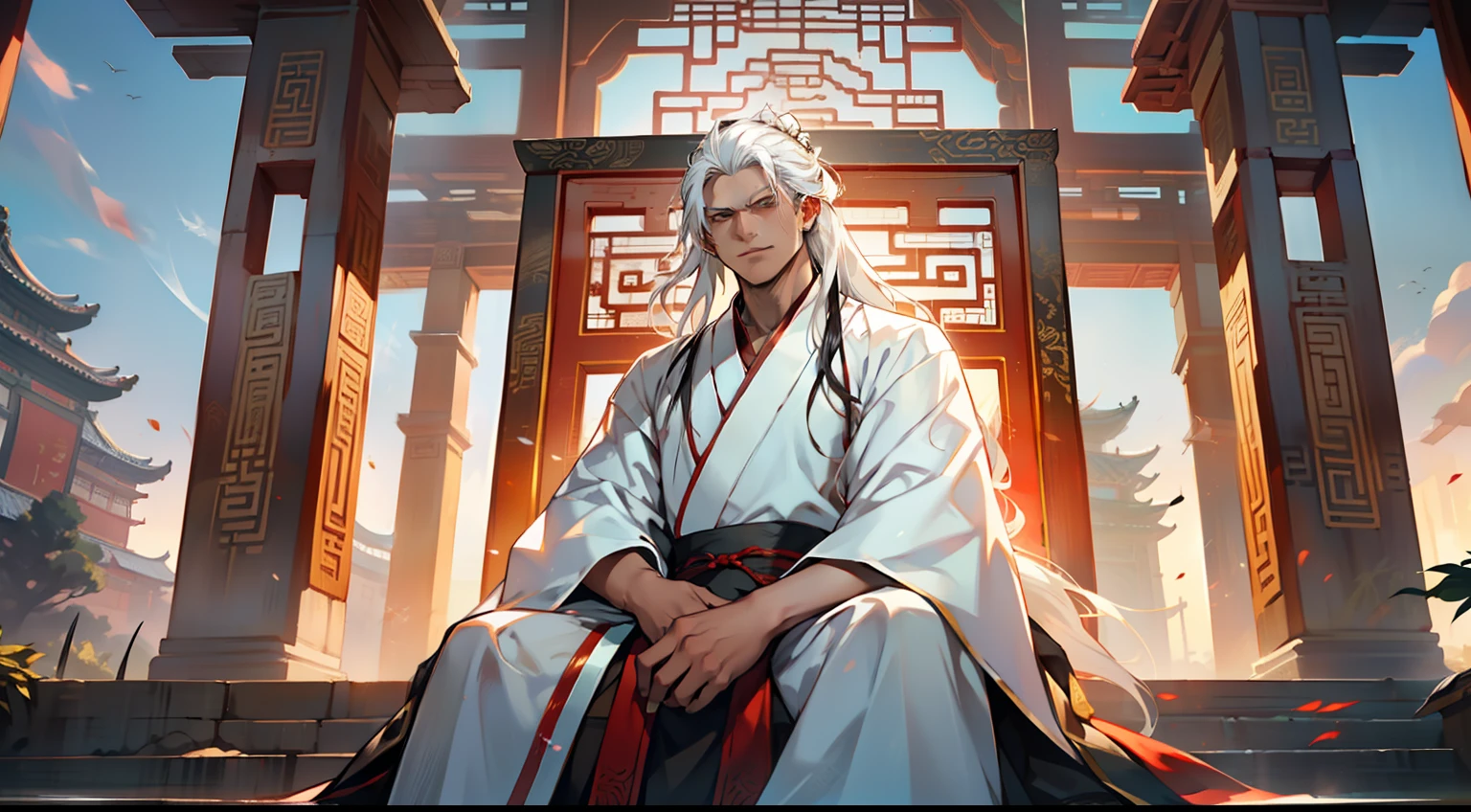 5. (1 person) The boy with (((white hair))), (((white Hanfu youth))), and (((long white hair))) sits on the sacred throne. With a slight smile and a hint of disdain, he looks down upon an opponent unworthy of attention. (Background: The magnificent imperial palace of ancient China)