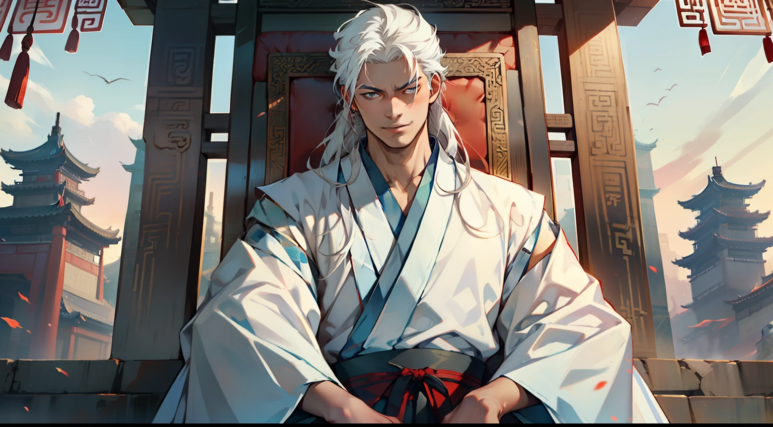 5. (1 person) The boy with (((white hair))), (((white Hanfu youth))), and (((long white hair))) sits on the sacred throne. With a slight smile and a hint of disdain, he looks down upon an opponent unworthy of attention. (Background: The magnificent imperial palace of ancient China)