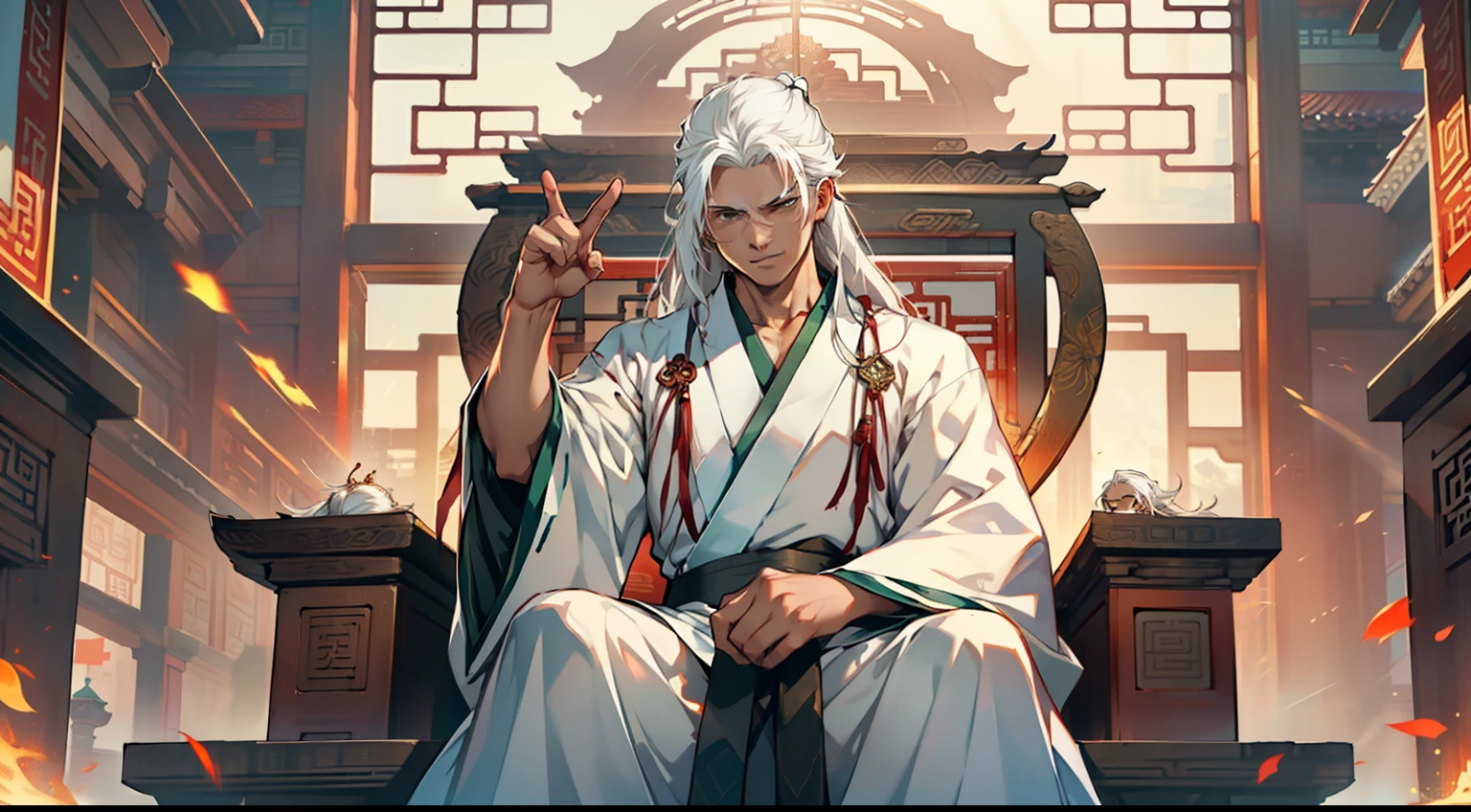 5. (1 person) The boy with (((white hair))), (((white Hanfu youth))), and (((long white hair))) sits on the sacred throne. With a slight smile and a hint of disdain, he looks down upon an opponent unworthy of attention. (Background: The magnificent imperial palace of ancient China)