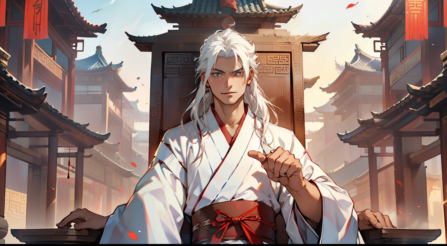 5. (1 person) The boy with (((white hair))), (((white Hanfu youth))), and (((long white hair))) sits on the sacred throne. With a slight smile and a hint of disdain, he looks down upon an opponent unworthy of attention. (Background: The magnificent imperial palace of ancient China)