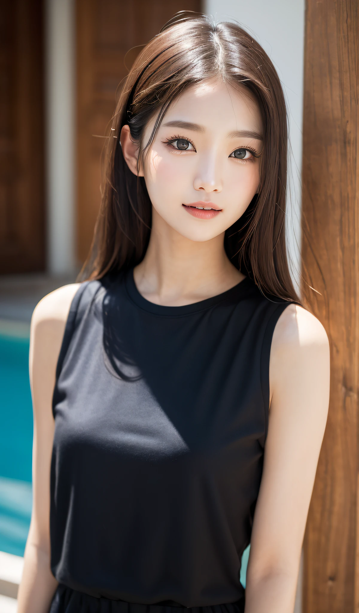 ((best qualtiy、8k masterpieces:1.3))、foco nítido:1.2、(ultra beautiful faces:1.0)、(Slender Abs Beauty:1.0)、(shinny skin:1.0)、photos realistic、A dark-haired、Video Lighting、High-definition eyes and face、Video Lighting、(cowboy shot:1.3)、swim wears、(Korean Cute Actress)、from the front side、medium large breasts、A slight smile、Sleeveless