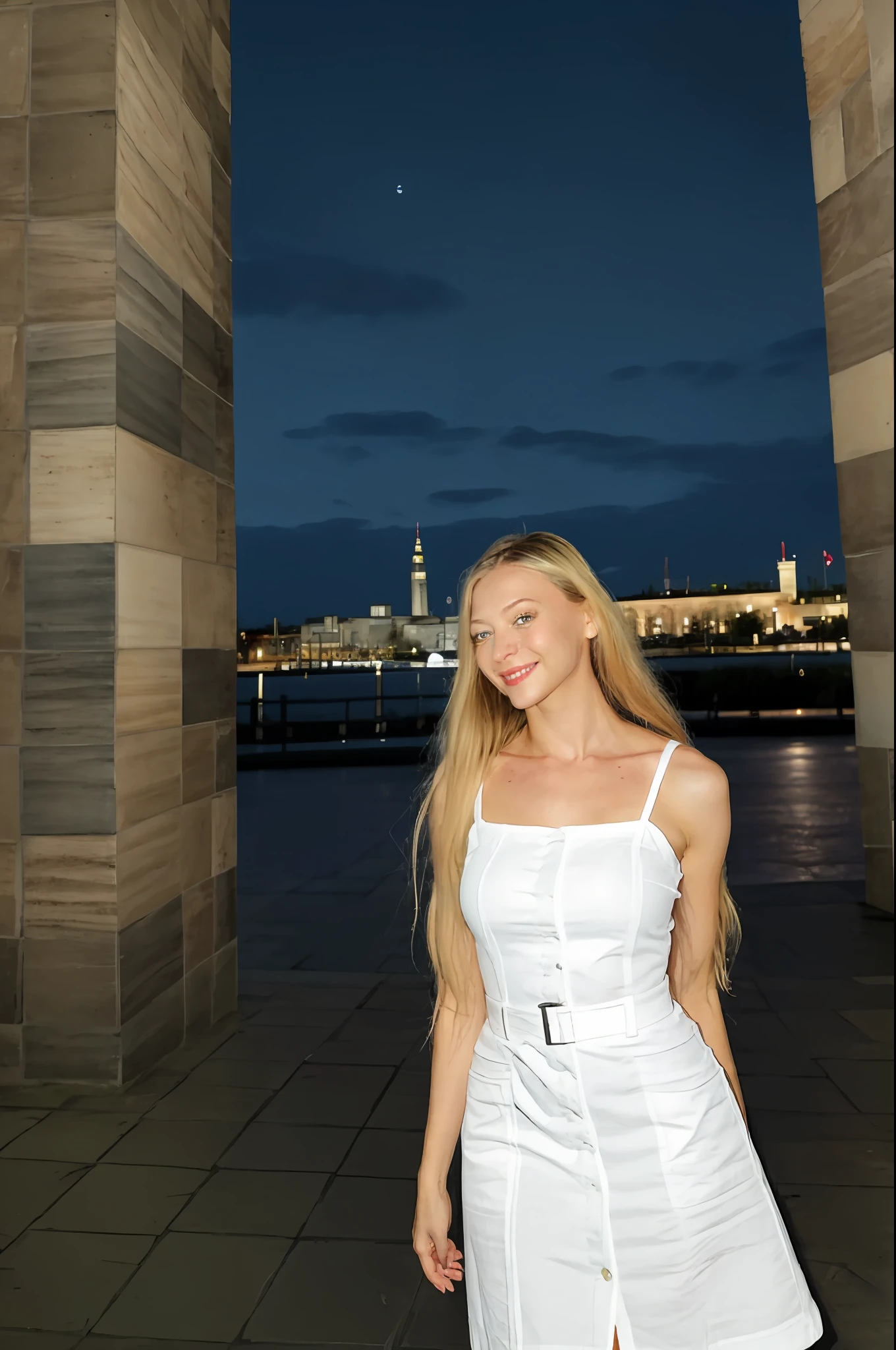 in a stunning cotton dress, Noite na cidade, Rosto altamente detalhado, sorridente:0.1, city center at night, meia-noite na cidade, candid, amador, olhos deslumbrantes, adorable smile