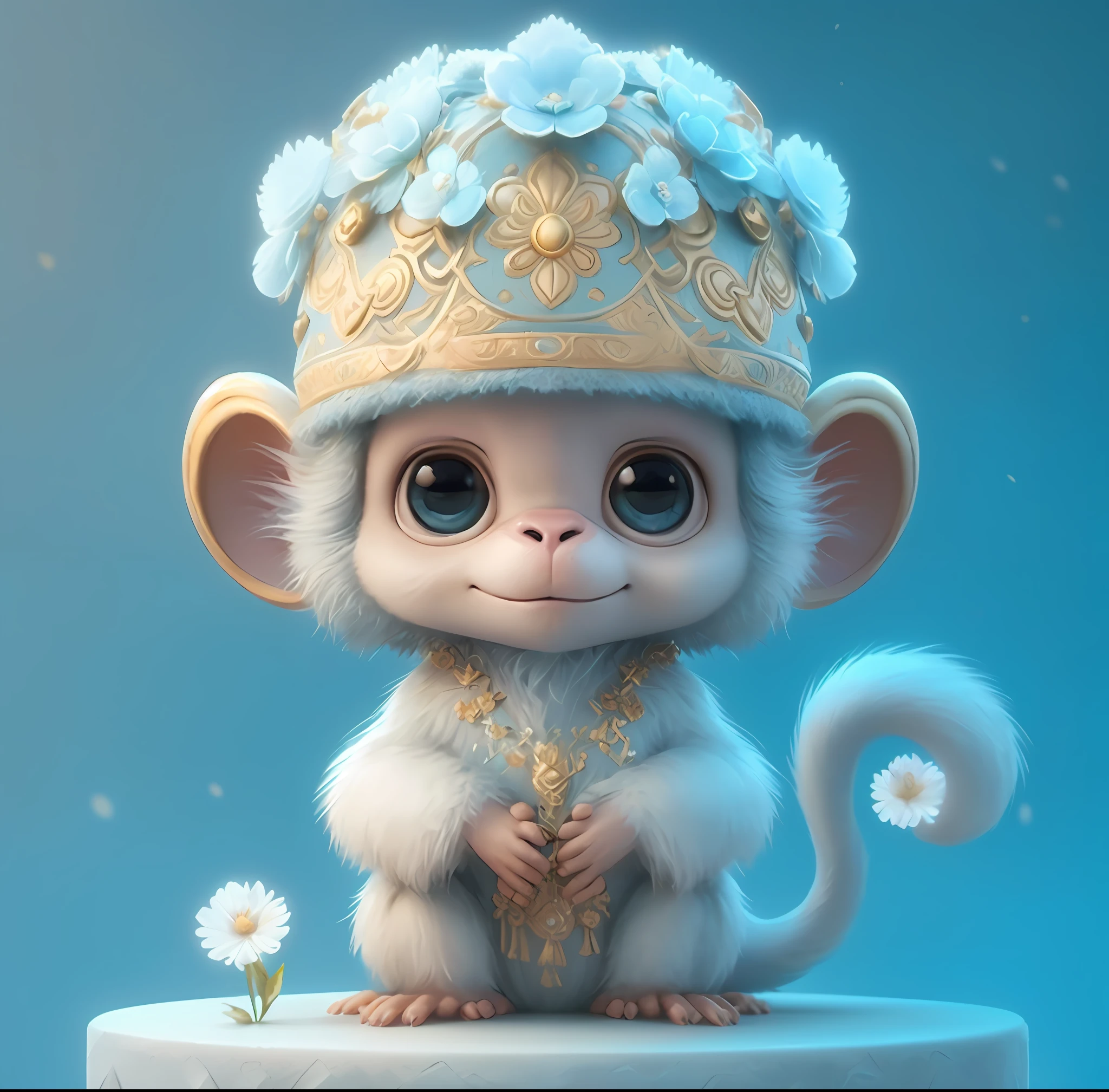 Close-up of a monkey wearing a hat on a pedestal, lovely digital painting, Cute detailed digital art, cute 3 d render, Beeple and Jeremiah Ketner, adorable digital art, cheburashka, CGSesociety ), marmoset render, Trends in CG society, cgsociety 9, [ trending on CGSociety ]!!
