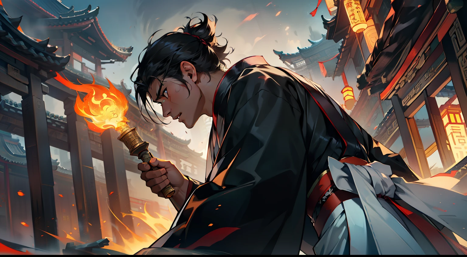 6. (1 person) The boy with a (((Black coat))), (((Black Hanfu youth))), and (((Black hair))) has eyes that blaze like torches, his heart burning with unyielding determination and an endless thirst for battle. (Background: The magnificent imperial palace of ancient China)