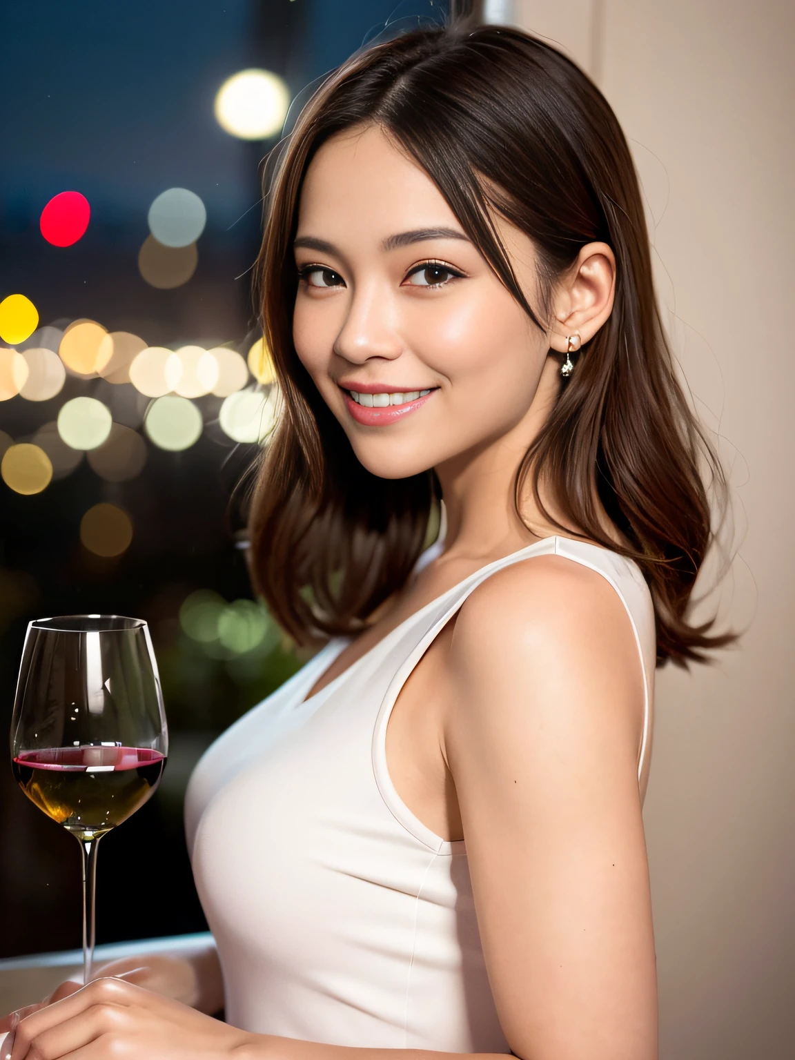 (64K, UHD, top quality, masterpiece: 1.2), (realistic, photorealistic: 1.37), super detailed, pretty woman 1 person, (slim face), (slim body), (brown hair), (short cut), cheeks slightly blushing, (44 years old), 38 years old, solo, beautiful detailed urban night view outside the window, restaurant, wine glasses sit, at night, in a prominent placeNovaFrogStyle, Actress, Model, Waist Up, White Wine, Slim, Wine Glass, Super Clean Night View, Wine Glass Put in the Middle, Happy Smile, (Smile: 1.15), Beautiful Fine Eyes, Upper Body, Bust Japan Up, Night, Short, Short, Actress, Model, Waist Up, White Wine, Slim, Wine Glass, Super Clean Night View, Wine Glass Put in the Middle, Happy Smile,