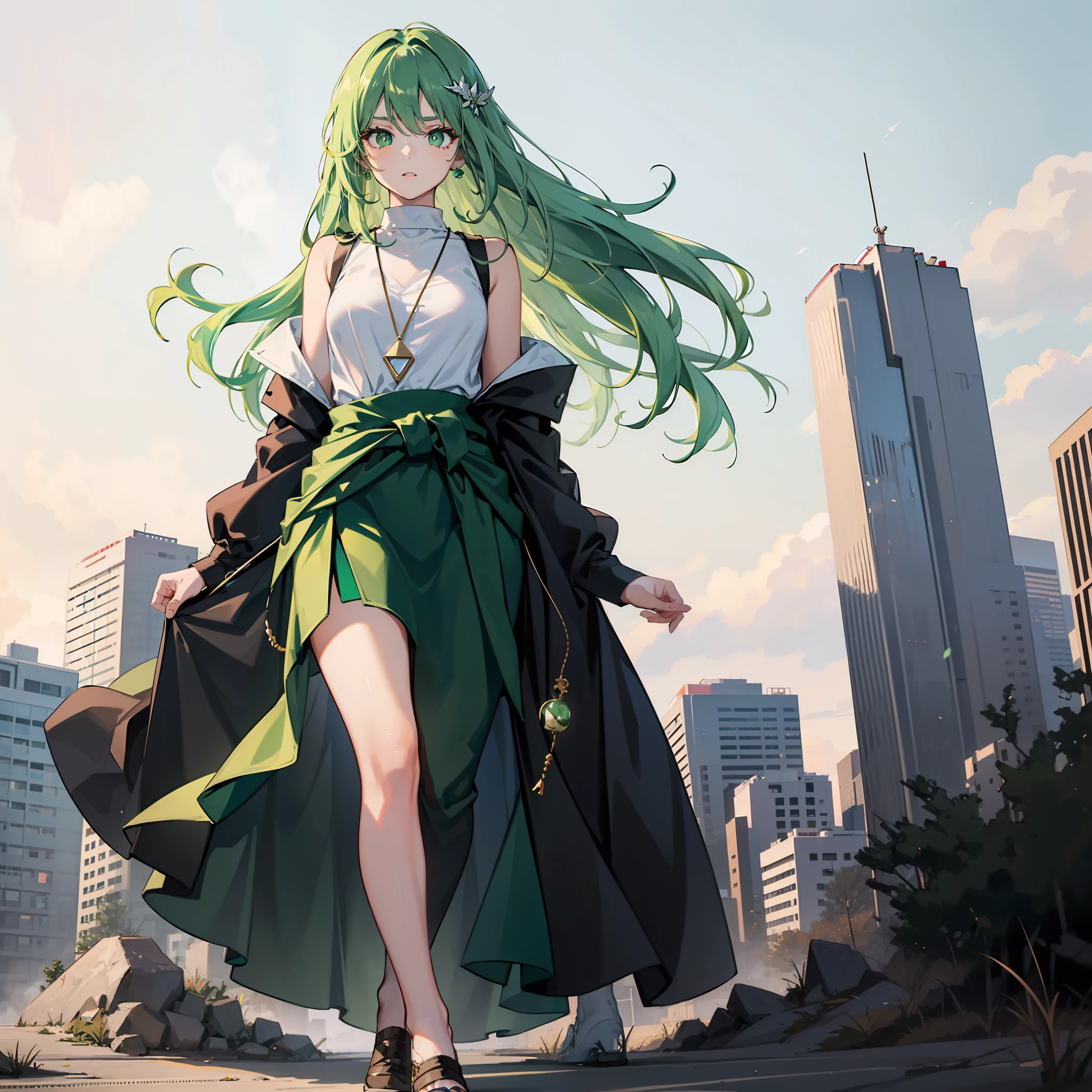 Green hair girl with green pupils long hair hovering around waist wearing green pendant in corner of eye sky background with leg loops around thigh