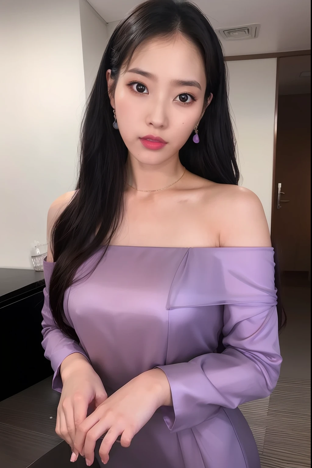 1girl, black_hair, breasts, brown_eyes, earrings, gradient, gradient_background, grey_background, jewelry, lips, long_hair, long_sleeves, looking_at_viewer, necklace, realistic, solo, v_arms