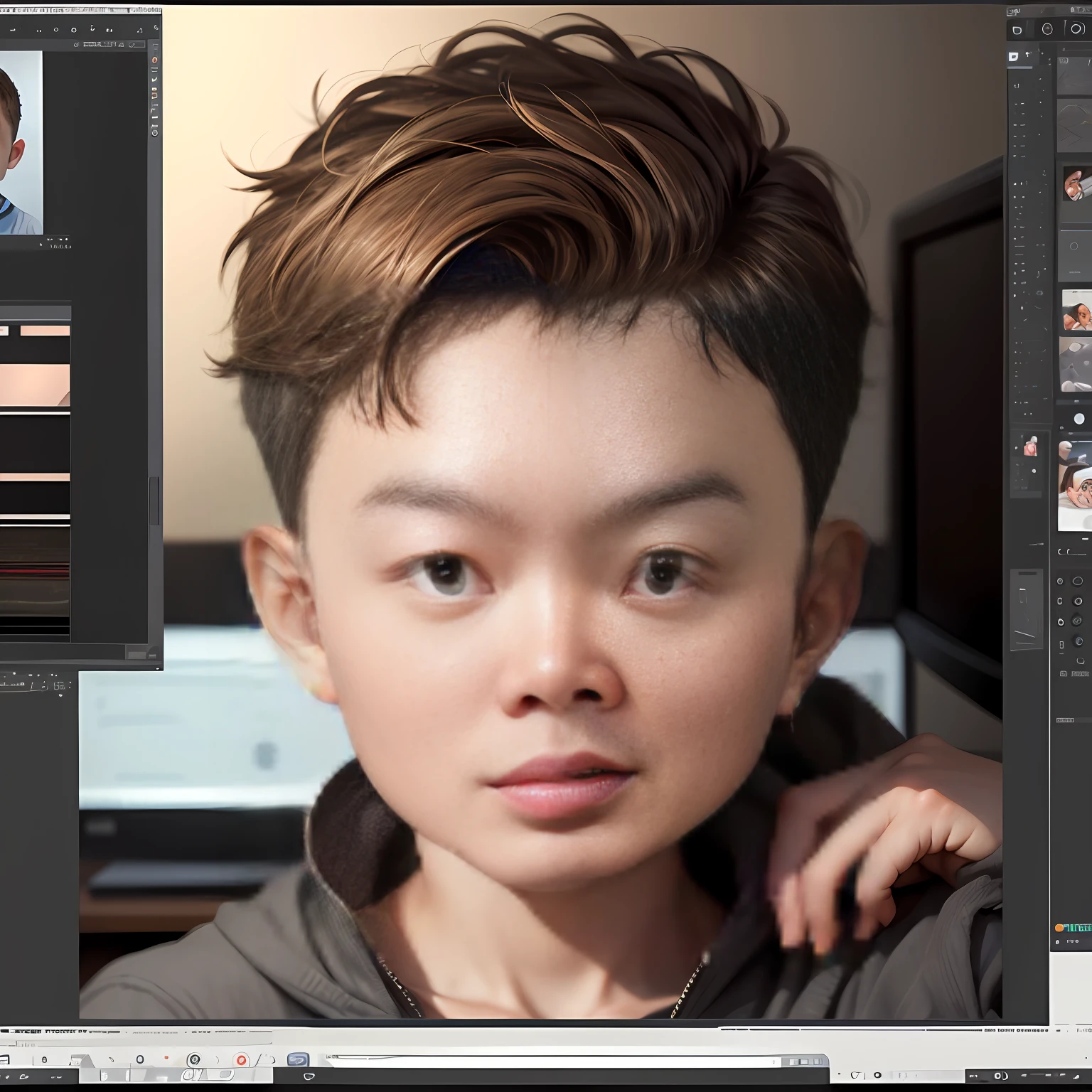 A boy with,He is a retoucher by profession,Retouch in front of the computer,The desktop has a freehand drawing board,Lateral face,Turn back to look at the camera,The computer displays the desktop,head portrait,cartoony,Big head doll --auto