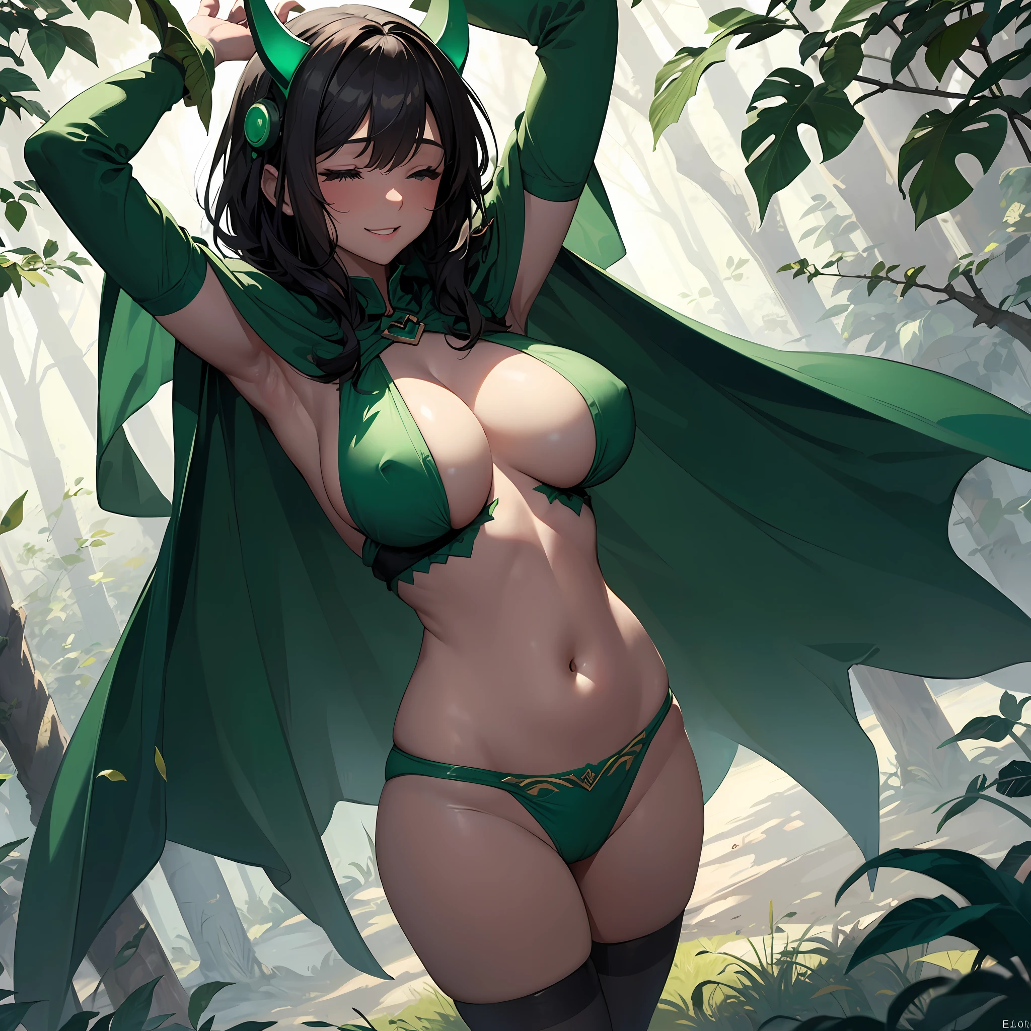 fantasy, 1forest_elemental_girl, (dark_skin)0.9, (using_leaves_clothes, green_leaves_covered_breasts, leaves_covered_pussy)+++,(gigantic_heavy_tits:1.1), walking, (smile, sleepy)+, medium_hair, navel,(plump:0.9), oil, (winding_vine_around_torso)++, forest_background, leaves_headgear, green_leaves_cape, spread_arms, large_staff, leaves_thighhighs, big_ass,