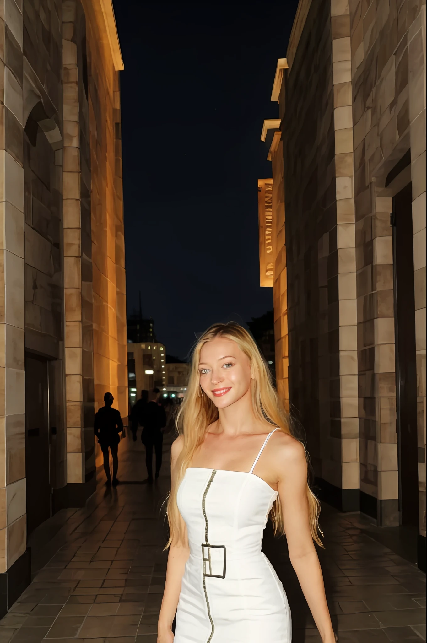 in a stunning cotton dress, Noite na cidade, Rosto altamente detalhado, sorridente:0.1, city center at night, meia-noite na cidade, candid, amador, olhos deslumbrantes, adorable smile