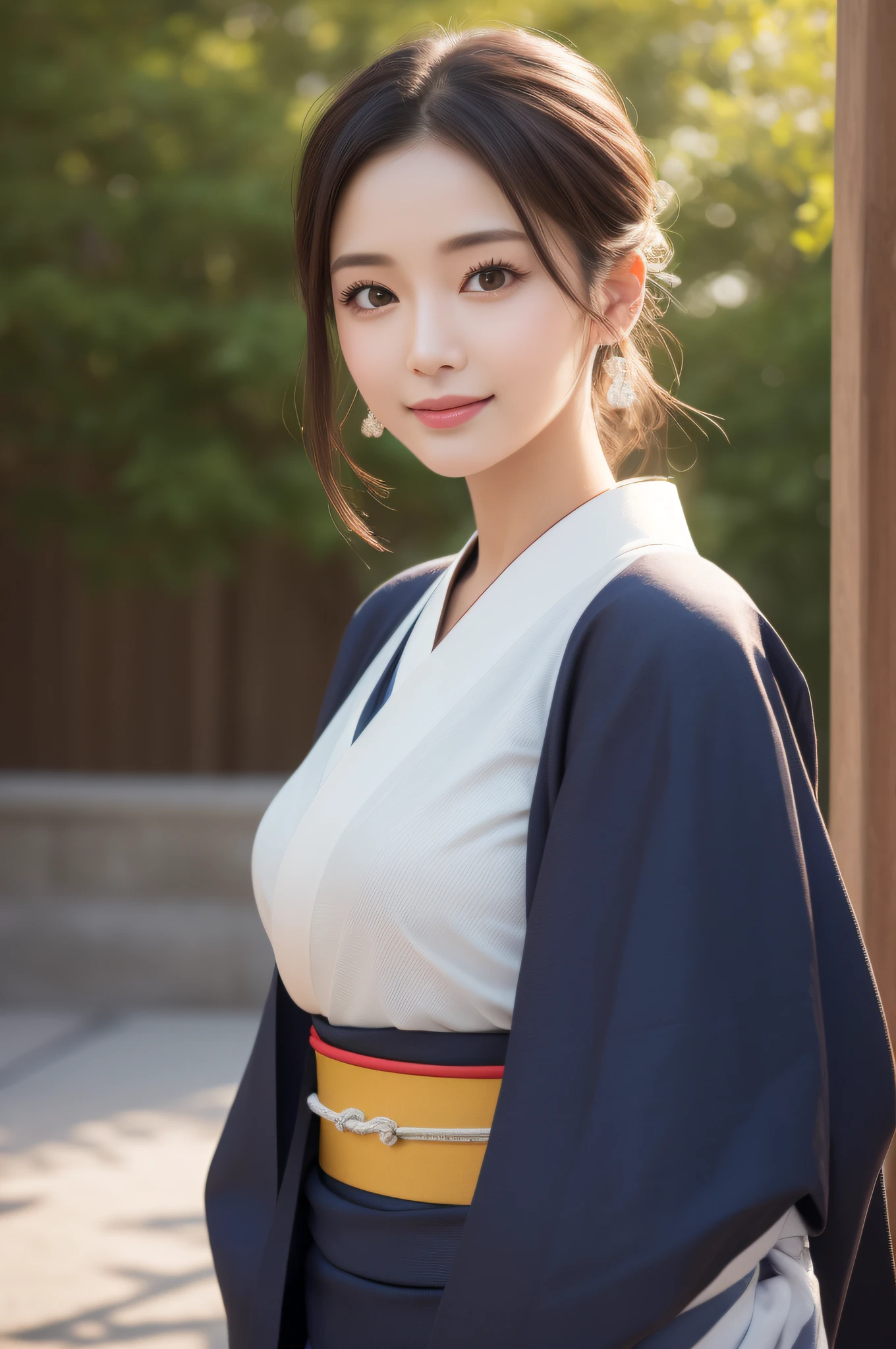 ((top-quality、8K、a masterpiece of:1.3))、foco nítido:1.2、(ultra beautiful faces:1.0)、(Slender Abs Beauty:1.0)、(shinny skin:1.0)、photos realistic、A dark-haired、Video Lighting、High-definition eyes and face、Video Lighting、(cowboy  shot:1.3)、(Kimono、Hakama、Obi:1.4)、(Korean Cute Actress)、Traditional kimono、from the front side、medium large breasts、A slight smile
