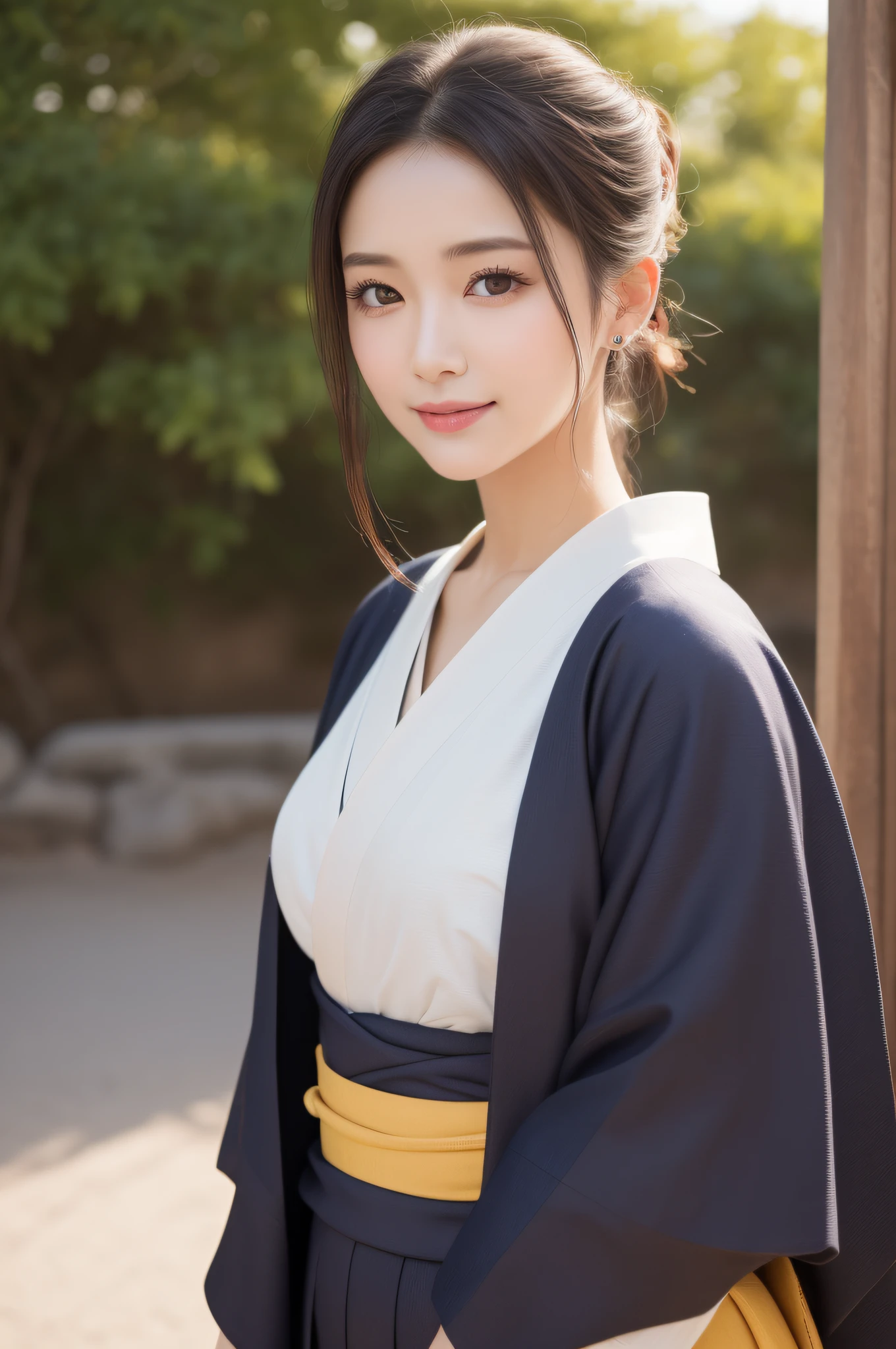 ((top-quality、8K、a masterpiece of:1.3))、foco nítido:1.2、(ultra beautiful faces:1.0)、(Slender Abs Beauty:1.0)、(shinny skin:1.0)、photos realistic、A dark-haired、Video Lighting、High-definition eyes and face、Video Lighting、(cowboy  shot:1.3)、(Kimono、Hakama、Obi:1.4)、(Korean Cute Actress)、Traditional kimono、from the front side、medium large breasts、A slight smile