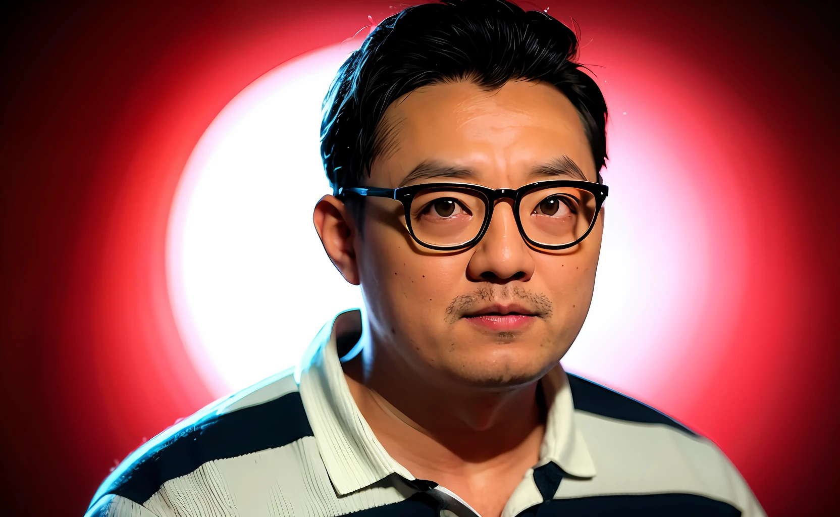 HD graphics,34-year-old male,dark-skin,Asian people,with a round face,largeeyes,Multi-layered eyelids,chubby,Round inches,black-frame glasses