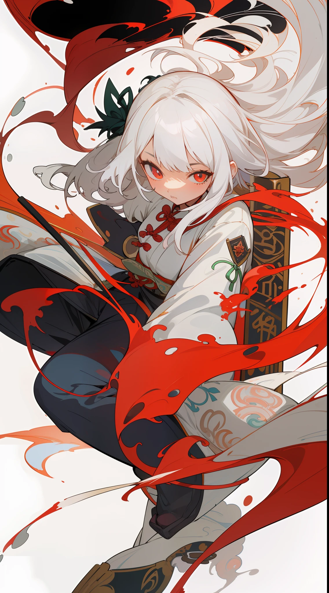 1girll,独奏,looking at viewert,whaite hair,Red pupils,White Chinese clothes,ink spatter,Kungfu,Floating water,the space,simple backgound,(tmasterpiece,Best quality at best,VerydetailedCG,Complicated details:1.2),(((Very Chinese color ink)))),((Very detailed ink background)),((flatcolors)),{{ink spatter}},。