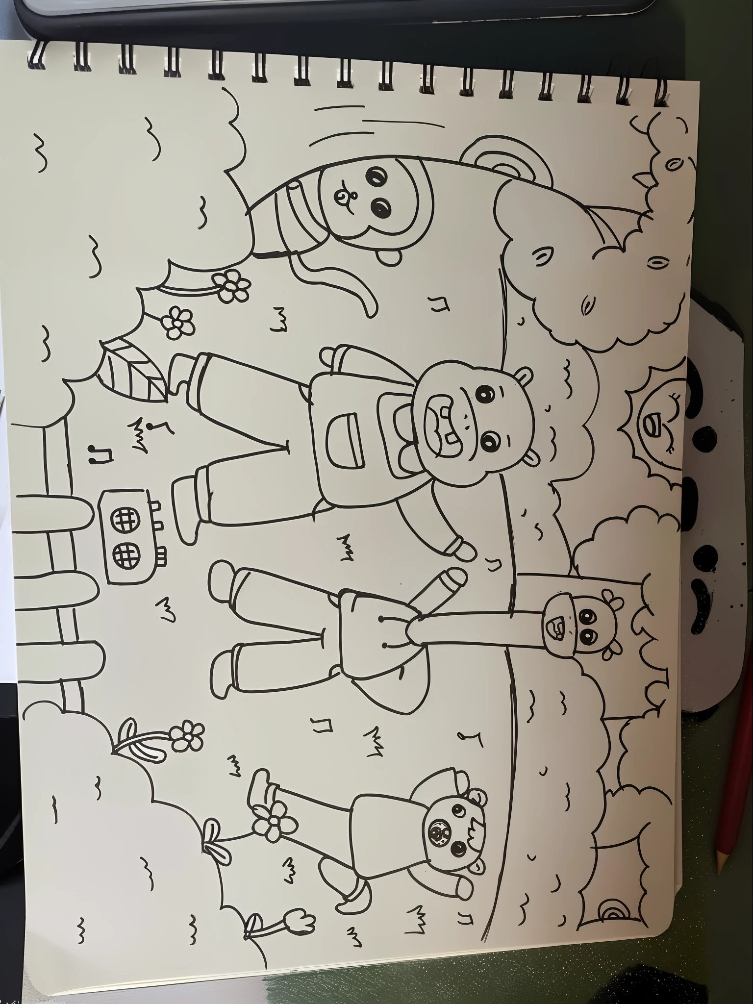 Painting of a group of people with dog and cat, coloring page, Very coherent artwork, children's book drawing, kids drawing, kids drawing, desenho, colouring - in sheet, based on child's drawing, author：Uesaka Seka, kids drawing, author：by Hiroshi Honda, Simple drawing, Children\'s book drawing