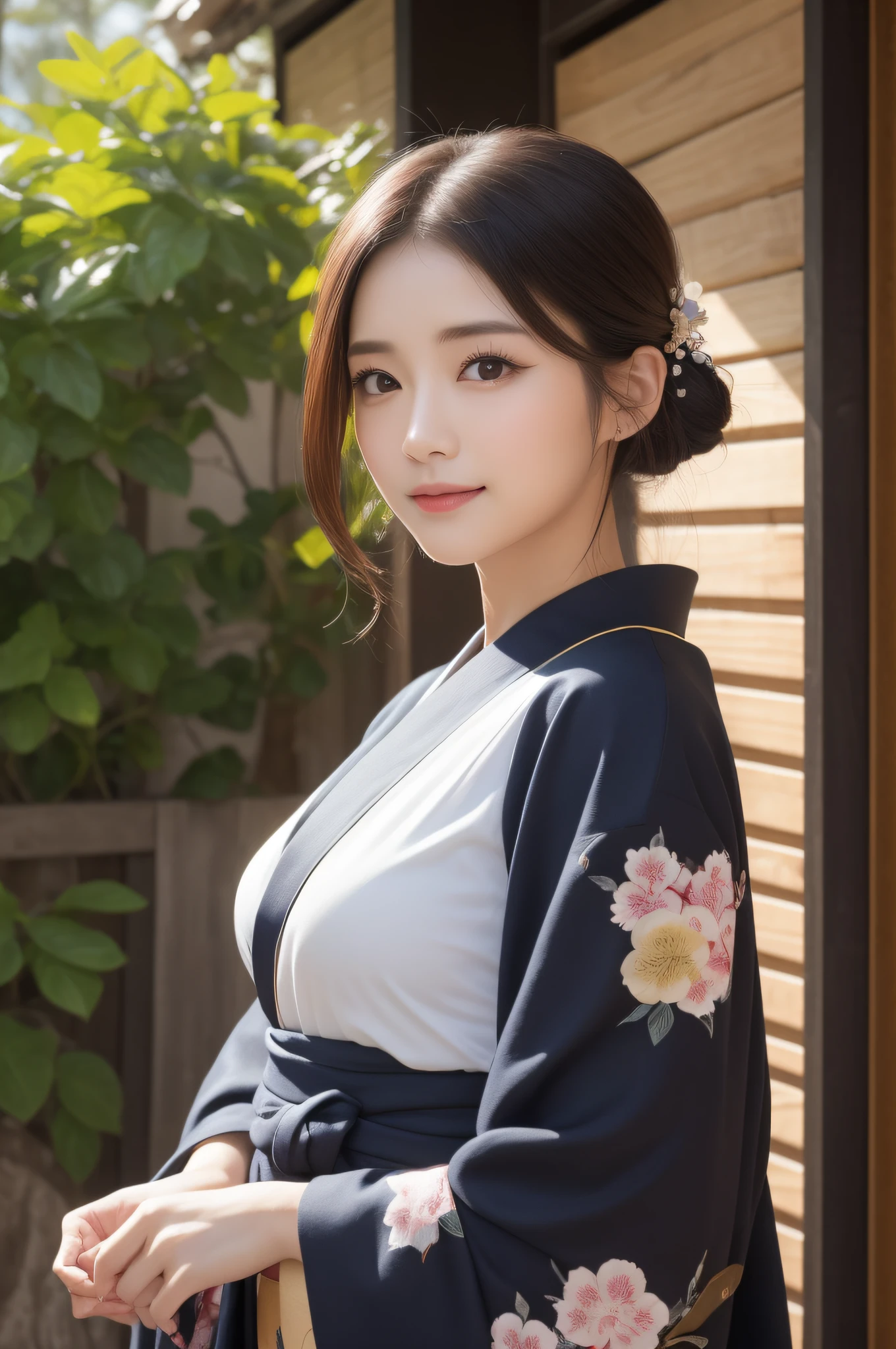 ((top-quality、8k masterpieces:1.3))、foco nítido:1.2、(ultra beautiful faces:1.0)、(Slender Abs Beauty:1.0)、(shinny skin:1.0)、photos realistic、A dark-haired、Video Lighting、High-definition eyes and face、Video Lighting、(cowboy shot:1.3)、(Kimono、Hakama、Obi:1.4)、(Korean Cute Actress)、Traditional kimono、from the front side、medium large breasts、A slight smile