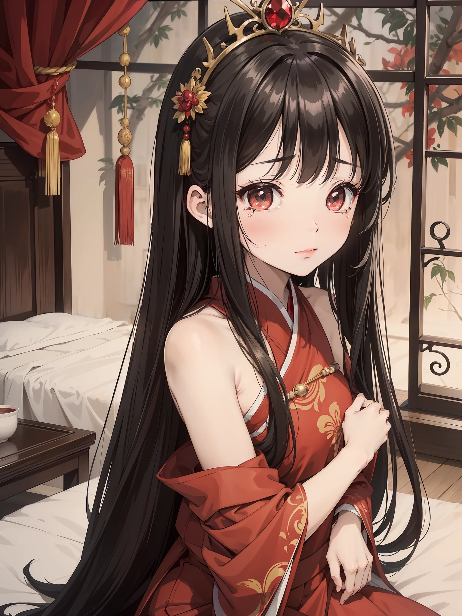 One has long black hair,(Wearing a red Hanfu wedding dress 2.0),Ancient Chinese anime girl,(Crying expression 1.5)(Tears with your head down1.5)(Tears 1.8)(Open your mouth and cry 1.2)(The background is an ancient Chinese cave house),(Sit on the edge of the red bedside1.5),(Red Holiday Wedding Room 1.5)style of anime4 K,Anime rendering,Guviz-style artwork,style of anime。8K,Guviz,Beautiful anime girls,Beautiful anime face,Cute anime girls(Big eyes filled with tears1.5)(Upper body display 1.5),(little breast),(Crystal beautiful eyes1.5)(Juvenile little1.3)(Cinematic lighting 1.5)