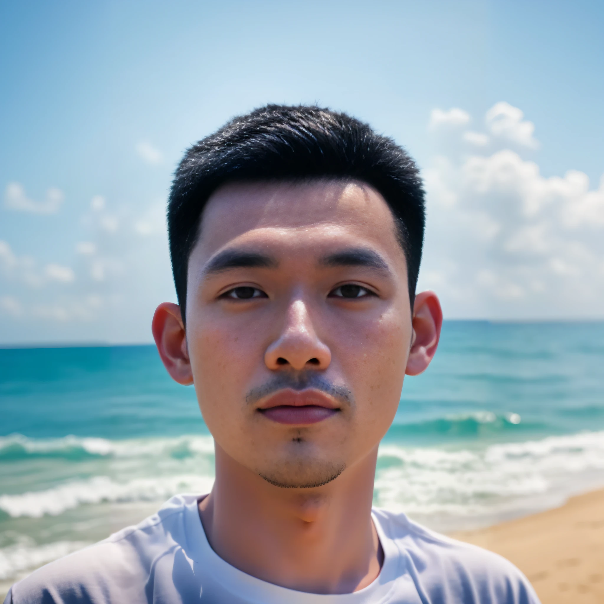 The Arafed man stood on the beach watching the camera, andrew thomas huang, headshot profile picture, ryan jia, ruan jian, reuben wu, Asian male, yihao ren, Chen Zezhou, steve zheng, wenjun lin, south east asian with round face, kevin hou, yuxiang chen, yanjun cheng, xintong chen