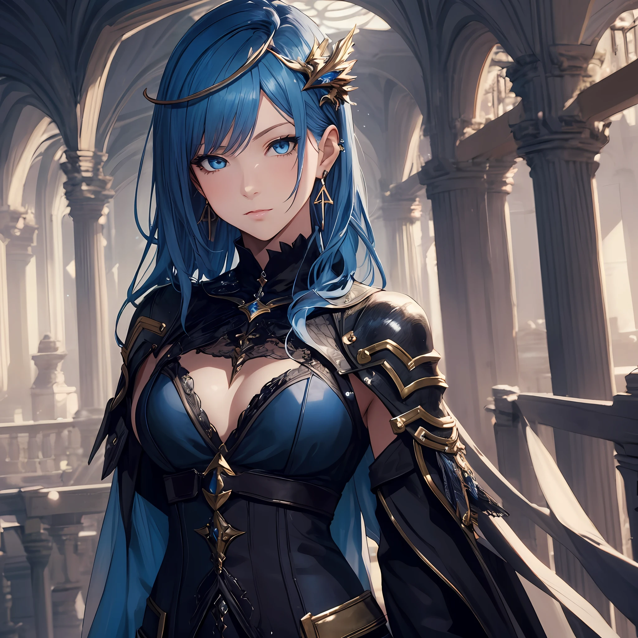 masterpiece, best quality, 1woman adult, female focus, solo, blue hair, vibrant blue eyes, long hair with fringe, looking at viewer, closed mouth, bangs, Fantasy aesthetics, fantasy earring, Highly detailed, shadowverse style, black attire, sorceress