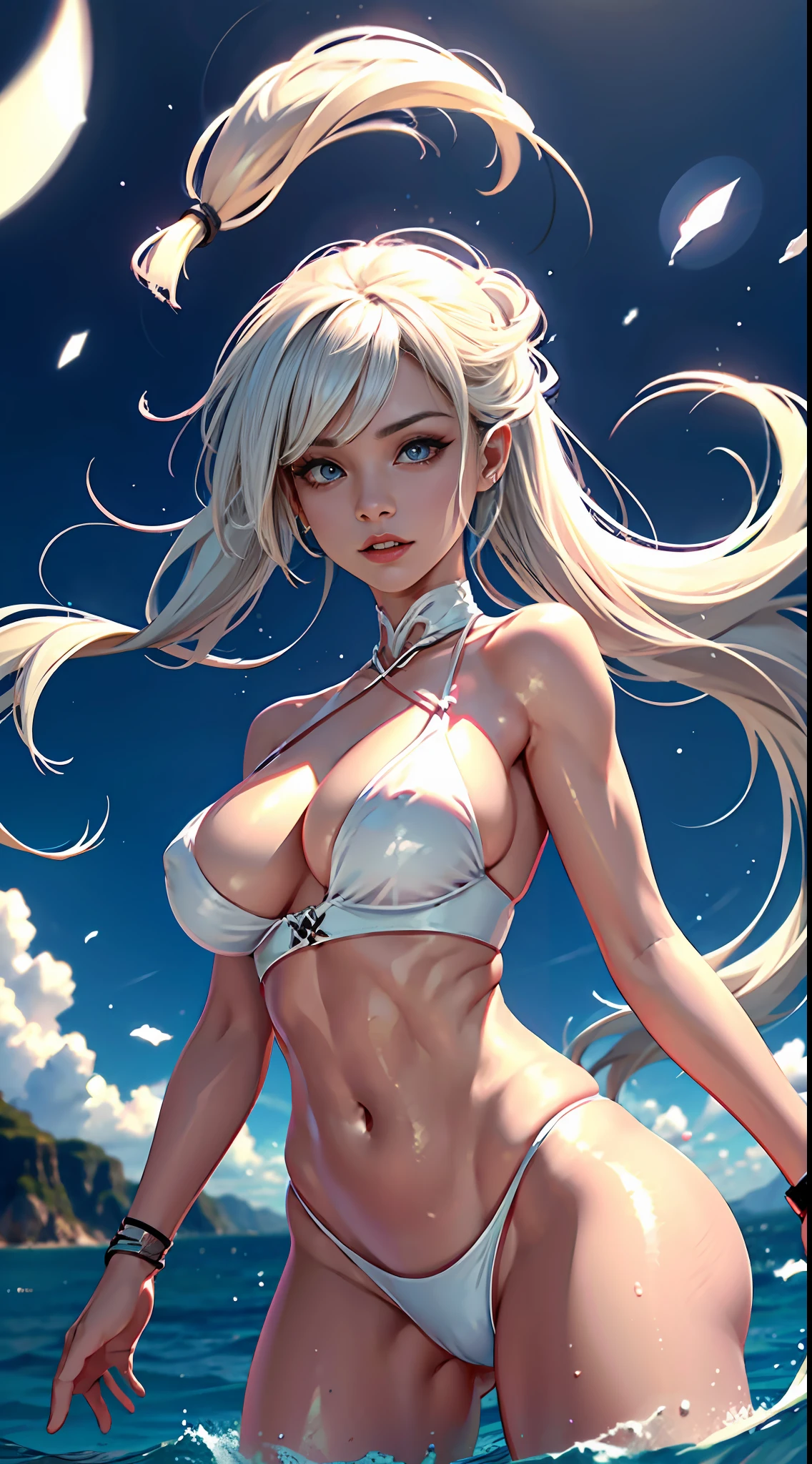 offcial art, Unity 8k wallpaper, Hyper-detailing, tmasterpiece, best qualtiy, A woman who is, (The is very detailed), (RAW photos, best qualtiy), (realisticlying, realisticlying:1.3), k hd, Open Your Mouth Lightly, Ultra detailed complex 3D rendering of the face, (huge tit:10), (highly detailedskin:1.2), (Expose pervert:1.1), Beutiful women,big assa,Full, soft breasts,White skin of the(toppless), Extra-large big breasts, brunette color hair, eBlue eyes, long whitr hair, ( (See-through white micro bikini)), dynamic angle, Mysterious expressions, Fire effect, Fantasy background, edge lit, Sideslit, cinematric light, hyper HD, 8K, filmgrain, Best shadow, light particules, detailed skin textures, 详细的脸, Complicated details, super detailing, brightly, Strong, Elongated abs,shinning eyes,fanciful,(Realistis),