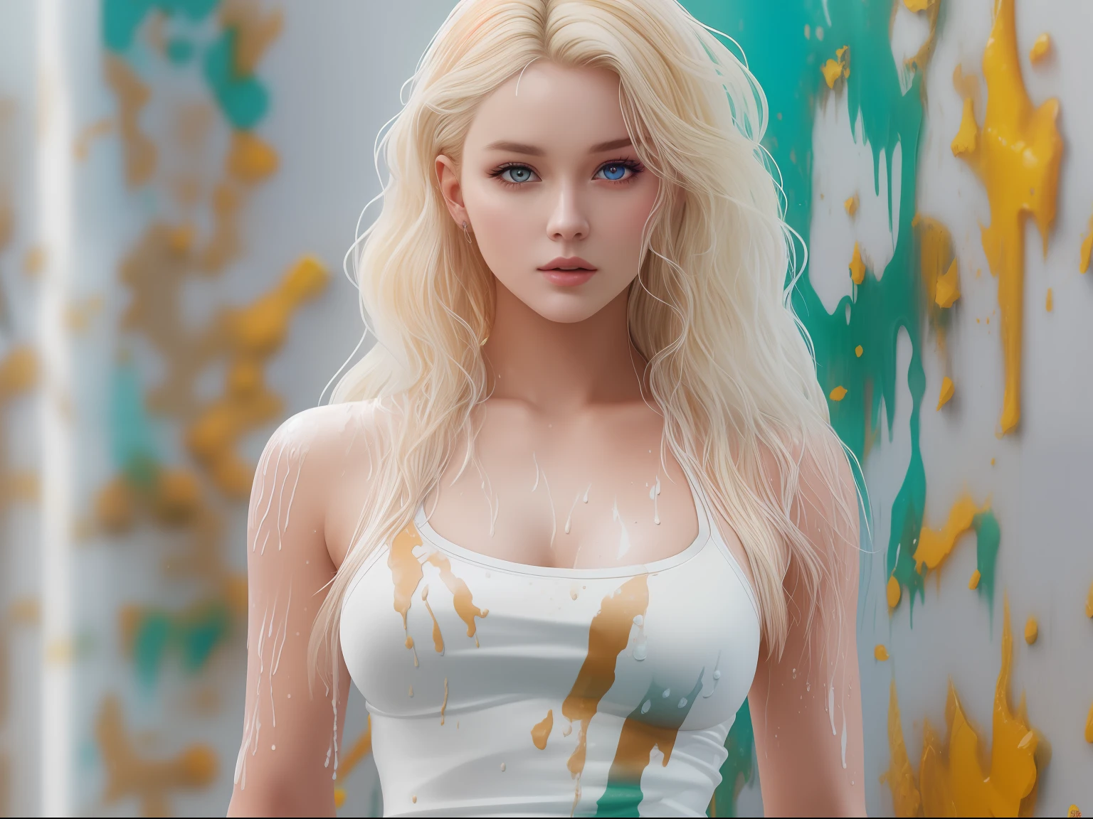 Nancy Momoland, full body, oily wet body, white paint on face, beautiful woman, staring at camera in front, intense coloration fantasy, a stunning realistic photograph, blonde hair, random color beautiful eyes, full body, cover, octane render, complex, 8k resolution concept art portrait , fractal isometrics details , hyper realistic cover photo, hand drawn, bright, gritty, realistic, 8k, high definition , cinematic, real life human