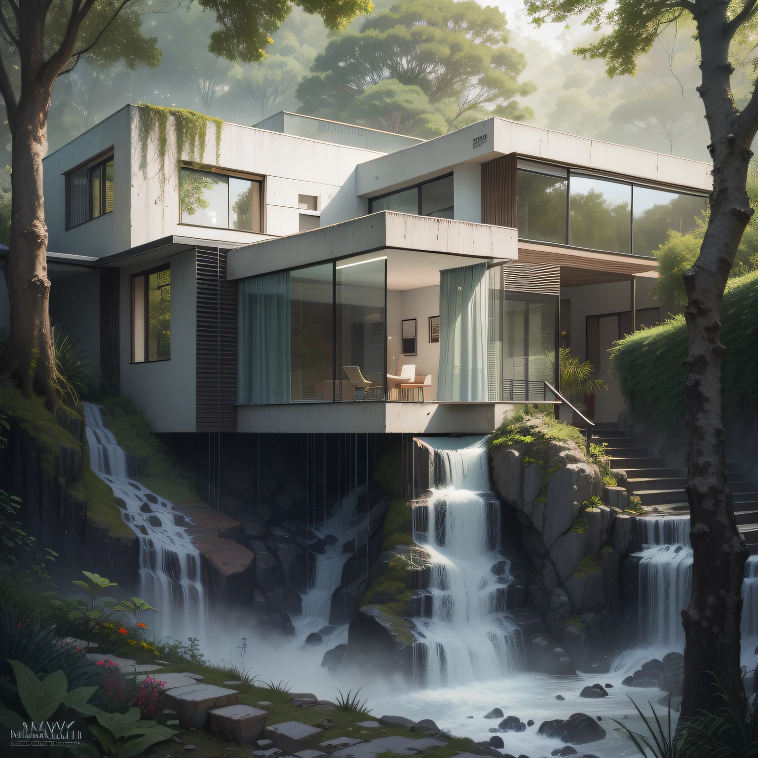 Uma cachoeira em frente a uma moderna casa de concreto branco na floresta, a digital rendering, Joao Salvador, por Maginel Wright Enright Barney, , Modernismo, provia, creative commons attribution, biomorphic