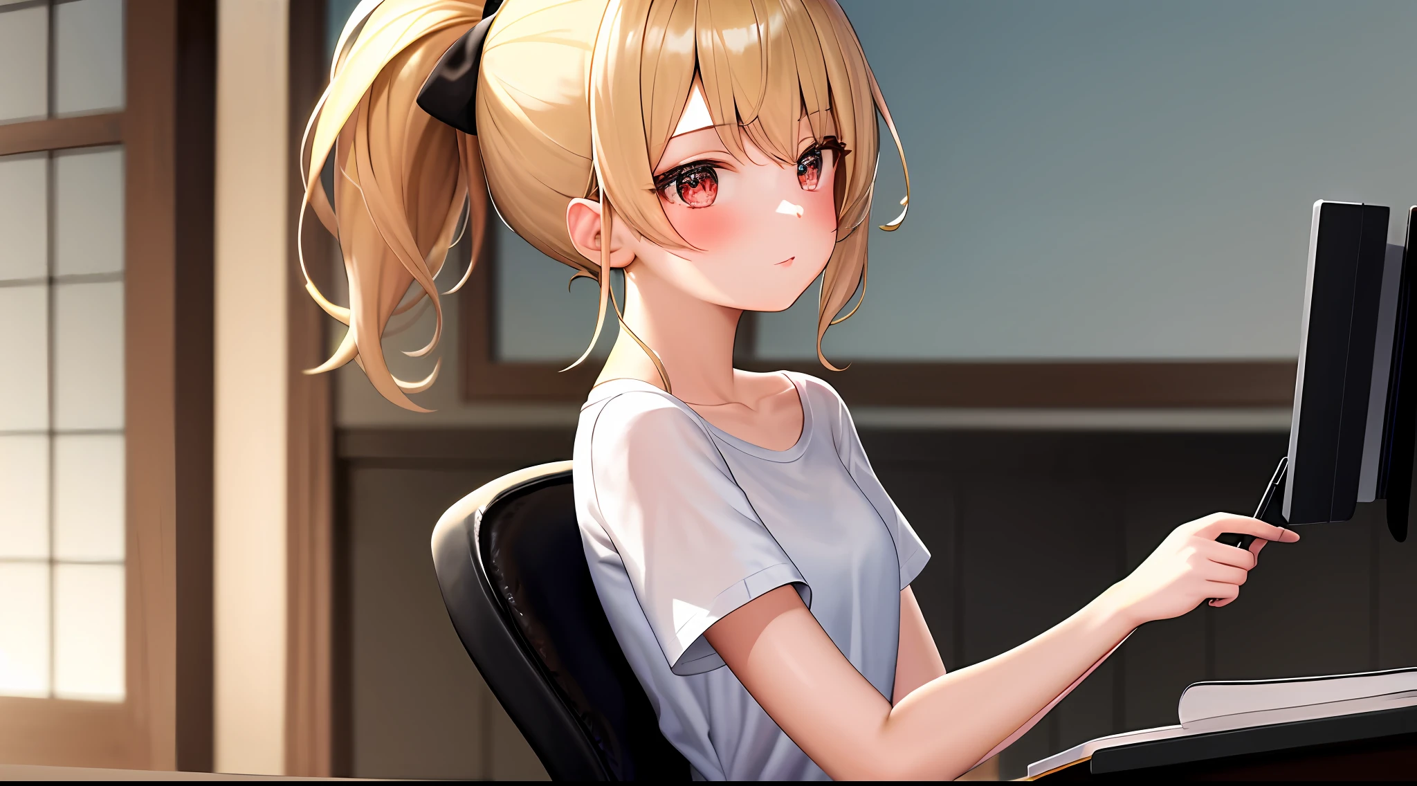 masterpiece, top-quality, hight resolution, a 1 girl, Loose white t-shirt、 Girl sitting on chair studying drafting at desk, Study seriously, Good luck studying、Beautie、cute little、High Ponytail、Pleasant face、30 only、a blond