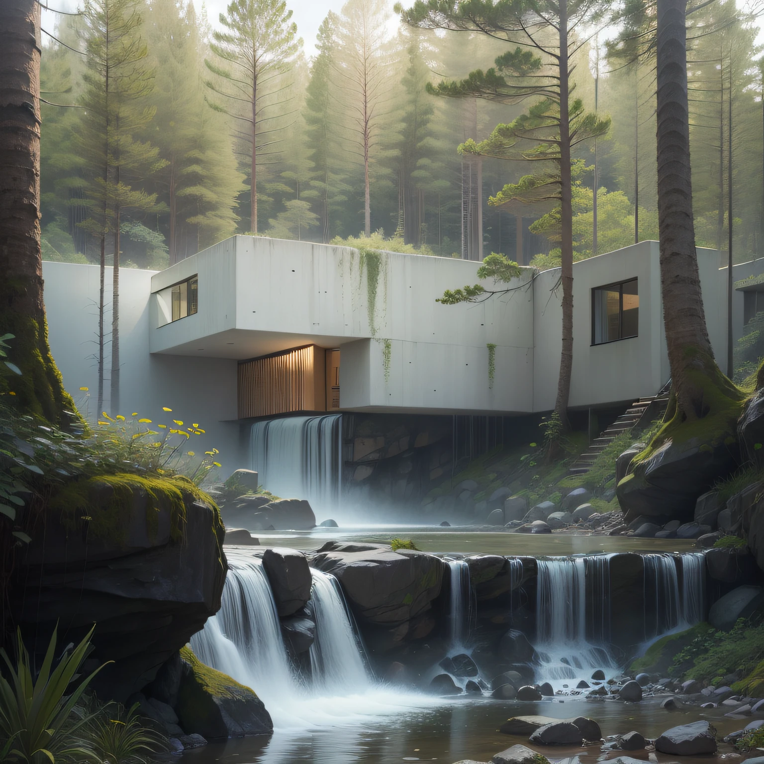 Uma cachoeira em frente a uma moderna casa de concreto branco na floresta, a digital rendering, Joao Salvador, por Maginel Wright Enright Barney, , Modernismo, provia, creative commons attribution, biomorphic