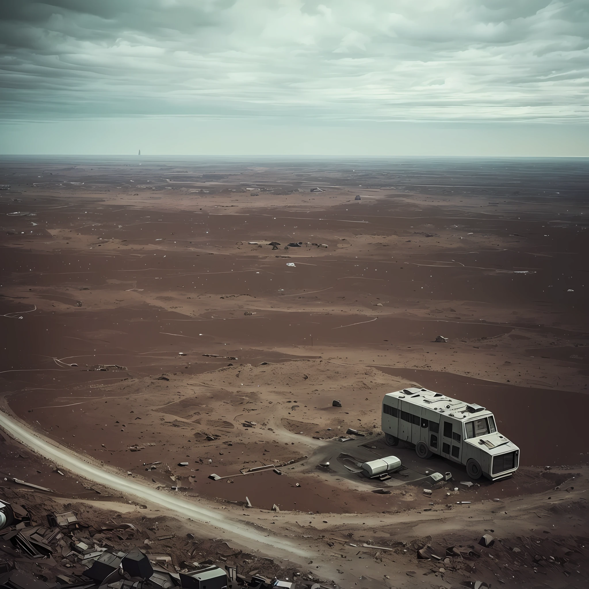 The camera is positioned in space, looking down on a dying Earth. The shot is captured using a high-resolution digital camera with a wide-angle lens, emphasizing the vastness and emptiness of space. The shot is treated with a gritty, high-contrast film look that adds to the stark and bleak atmosphere. The overall effect is inspired by the post-apocalyptic style of sci-fi artist Simon Stlenhag and documentary photographer Sebastio Salgado --auto