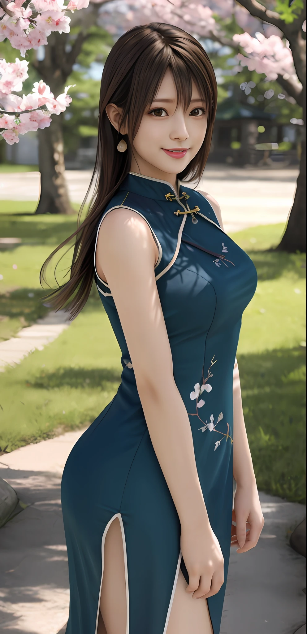 ultra realistic 8k cg, flawless, masterpiece, best quality, highres, solo, 1girl, misaki, breasts, Cheongsam, side slit, looking at viewer, outdoor, sakura tree, light smile