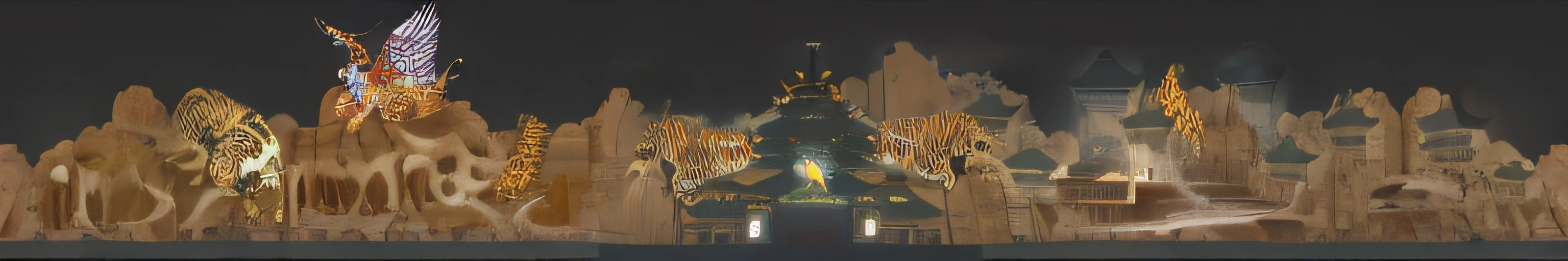 There is a picture of a very tall building and a bell tower, author：Uesaka Seka, inspired by Tōshi Yoshida, Tiger_beast, tigre, inspired by Kanō Naizen, author：Shinki Shiro, Temple background, author：Dan Fraser, miyamoto abduzeedo, legend of korra setting, Beautiful rendering of the Tang Dynasty