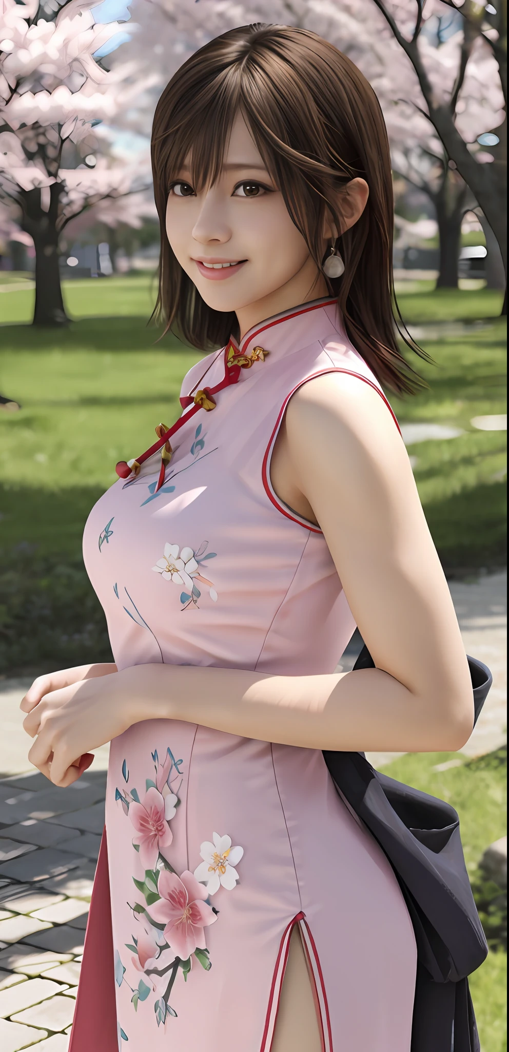 ultra realistic 8k cg, flawless, masterpiece, best quality, highres, solo, 1girl, misaki, breasts, Cheongsam, side slit, looking at viewer, outdoor, sakura tree, light smile