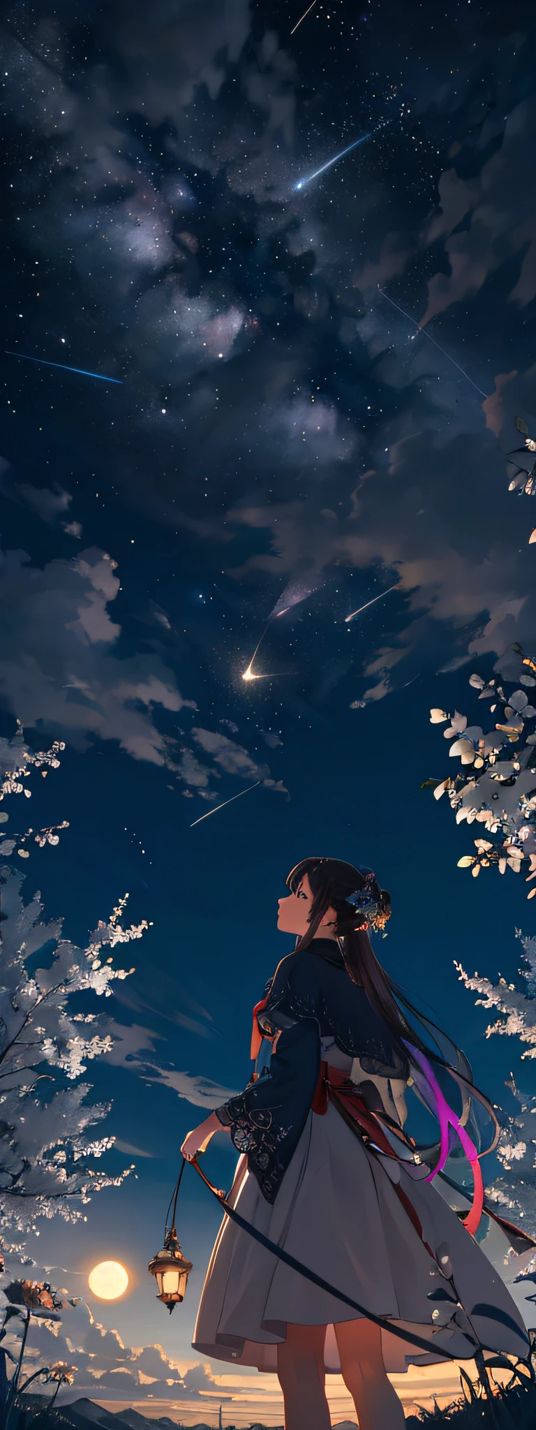 Expansive landscape photograph, (view from below with a view of the sky and the wilderness below), little girl standing in a flower field looking up, (full moon: 1.2), (shooting star: 0.9), (nebula: 1.3), distant mountain, tree break production art, (warm light source: 1.2), (firefly: 1.2), lamp, purple and orange, intricate detail, volume lighting BREAK (masterpiece: 1.2), (highest quality ), 4k, ultra-detailed, (dynamic configuration: 1.4), highly detailed and colorful details (iridescent: 1.2), (sparkling lighting, atmospheric lighting), dreamy, magical, (solo: 1.2)