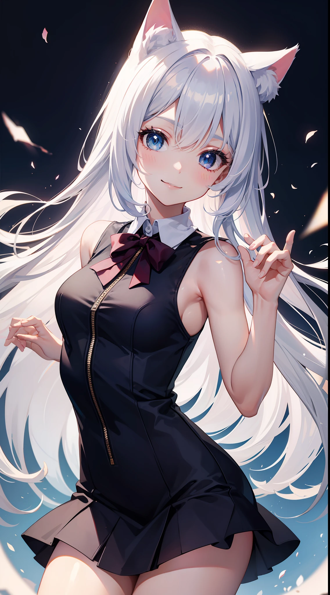 young girl, Long white hair, cat ears, blue eyes, ssmile, light dress, Sleeveless, jump, Masterpiece, hiquality