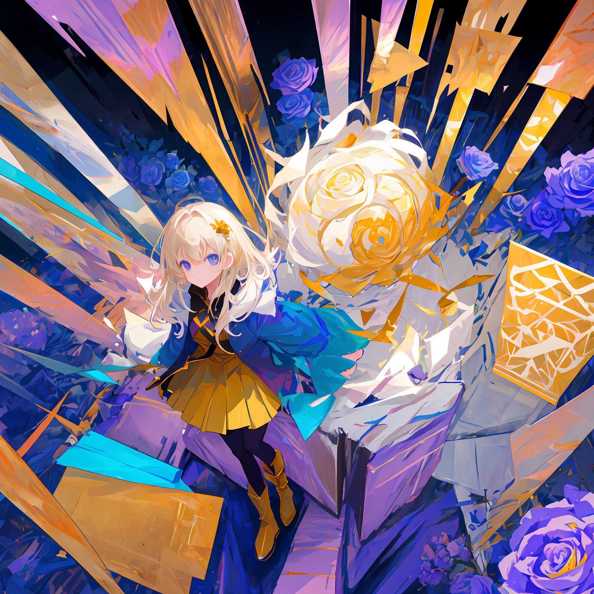 l Lori, Dragon's_banya, Bare gold_Hair, White_legwear, Blue_flower, Blue_Rose, Boots, Breasts, Coat, Crossed_Legs, flower, mitts, Jacket, Long_Hair, Looking_at_peeping at the viewer, purple_Rose, Rose, Sitting, Skirt, Solo, White_Footwear, (((Texas_\(arknight\)))), Light_Rays, Cloud, Dust, glowworm, Glowing, Light_Particle, sky, Telescope, ((illustration)),(((Masterpiece))),((Best quality)),(high resolution), hignity 8k wallpaper,(Beautiful detailed eyes),(detailedlight),(A high resolution),Chiaroscuro,Sunlight, bblurry_censor, Blurry, Blurry_Background, Blurry_foreground, Bokeh, ((colours_aberration)), Depth_af_Field, film_grain, Focused, Exercise_bblurry, Photo_\(mediating\), Light_Rays, Dust, glowworm, Glowing, Light_Particle, Future Style \(module\), during night, Neon lights, haze, moss, ultrawide_Angle, (((From above))), Movie Angle, Wide_Shot, Very_Wide_Shot, full_Body,