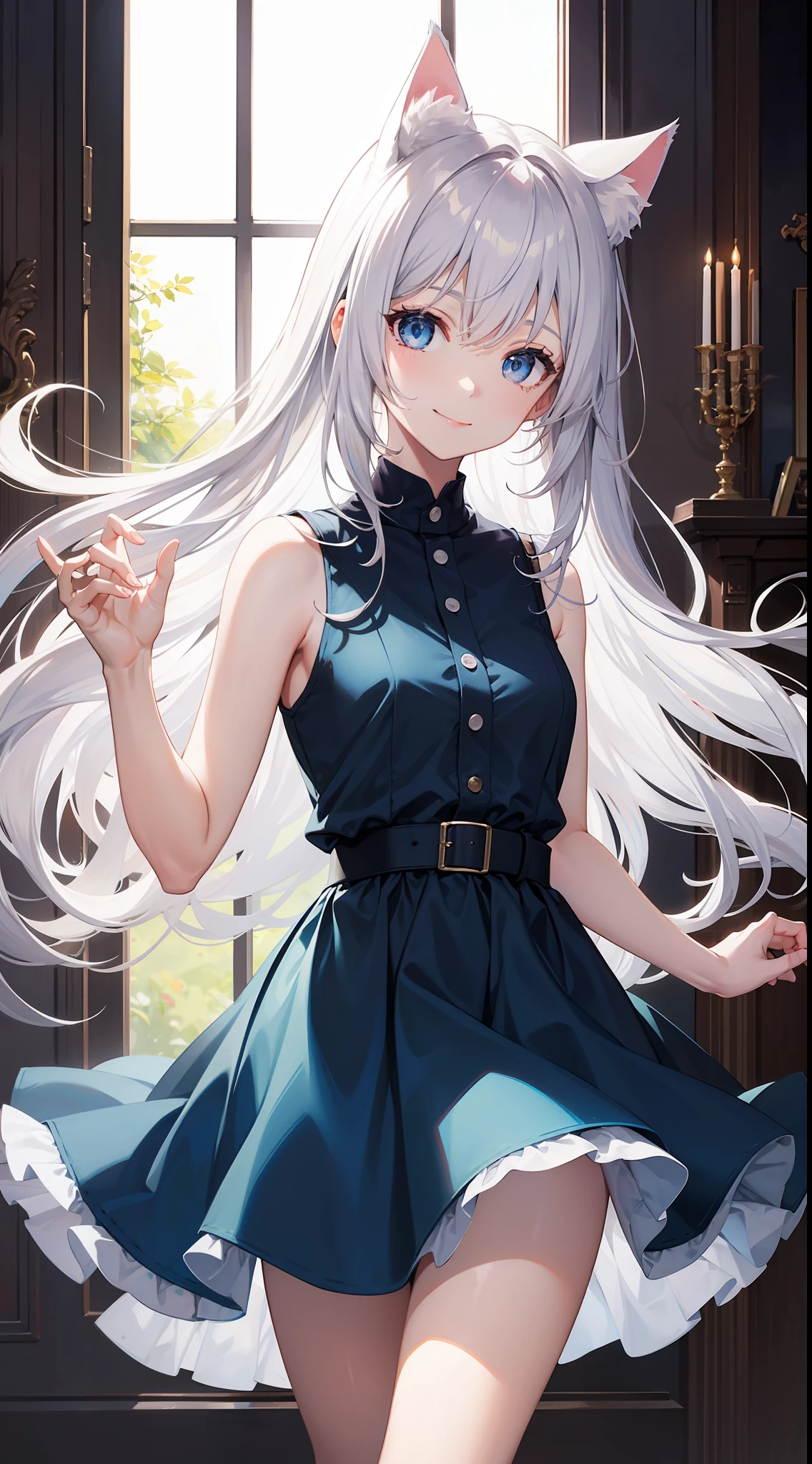 young girl, Long white hair, cat ears, blue eyes, ssmile, light dress, Sleeveless, jump, Masterpiece, hiquality