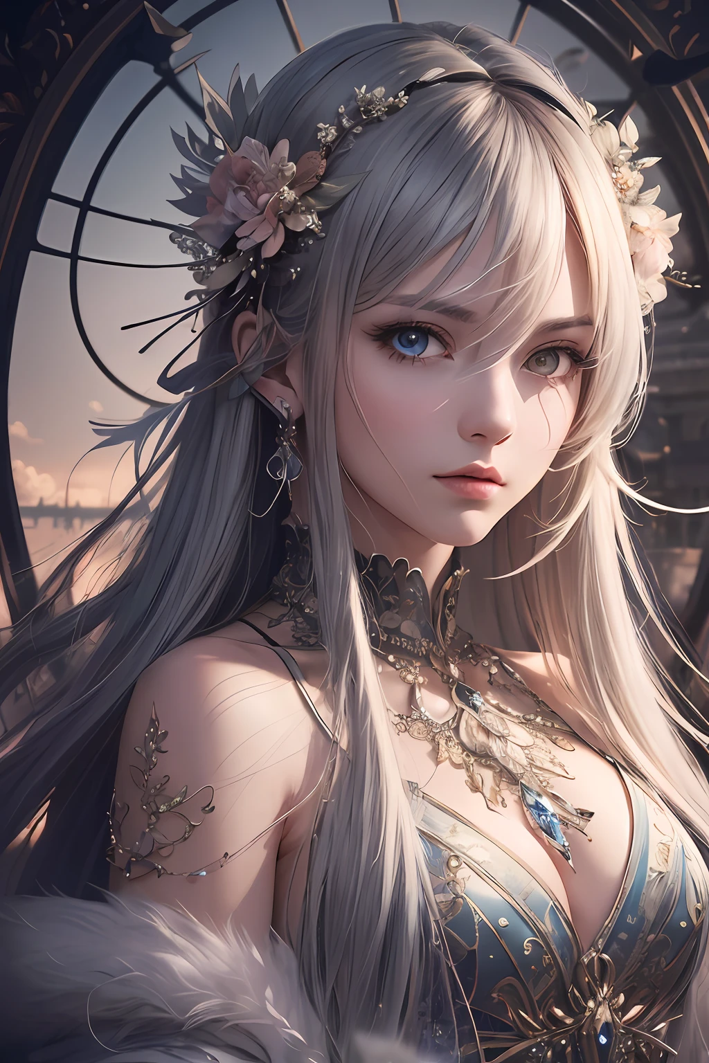 (((masterpiece))), (((best quality))), ((ultra-detailed)), (hyperrealistic), (highly detailed CG illustration), ((an extremely delicate and beautiful)),cinematic light, Create a stunning anime artwork that is currently trending on ArtStation, showcasing exquisite beauty and captivating aesthetics. The art piece should be highly detailed, featuring a compelling character and a visually appealing environment. The character in the artwork is a graceful and enchanting figure, radiating an aura of elegance. Pay close attention to intricate facial features, such as mesmerizing eyes with vibrant colors and delicate shading. The character's clothing should be designed with elaborate patterns, flowing fabrics, and rich textures, reflecting a blend of fantasy and contemporary fashion. Place the character in a captivating environment that enhances the overall appeal of the artwork. It could be a breathtaking natural landscape, a bustling futuristic cityscape, or a mystical realm filled with magical elements. Incorporate vibrant colors, dynamic lighting, and detailed background elements to create a sense of depth and immersion. Consider the latest trends in anime art, such as incorporating unique lighting effects, exploring creative composition techniques, or experimenting with unconventional color palettes. Take inspiration from the top artists on ArtStation and their exceptional execution of various art styles and themes. Camera: Choose an angle that highlights the character's beauty and the immersive environment. Lighting: Utilize atmospheric lighting techniques to create depth and mood. Resolution: Aim for a high-resolution artwork to showcase intricate details and clarity. Art Inspirations: Seek inspiration from the trending artists on ArtStation, exploring different styles, genres, and themes.