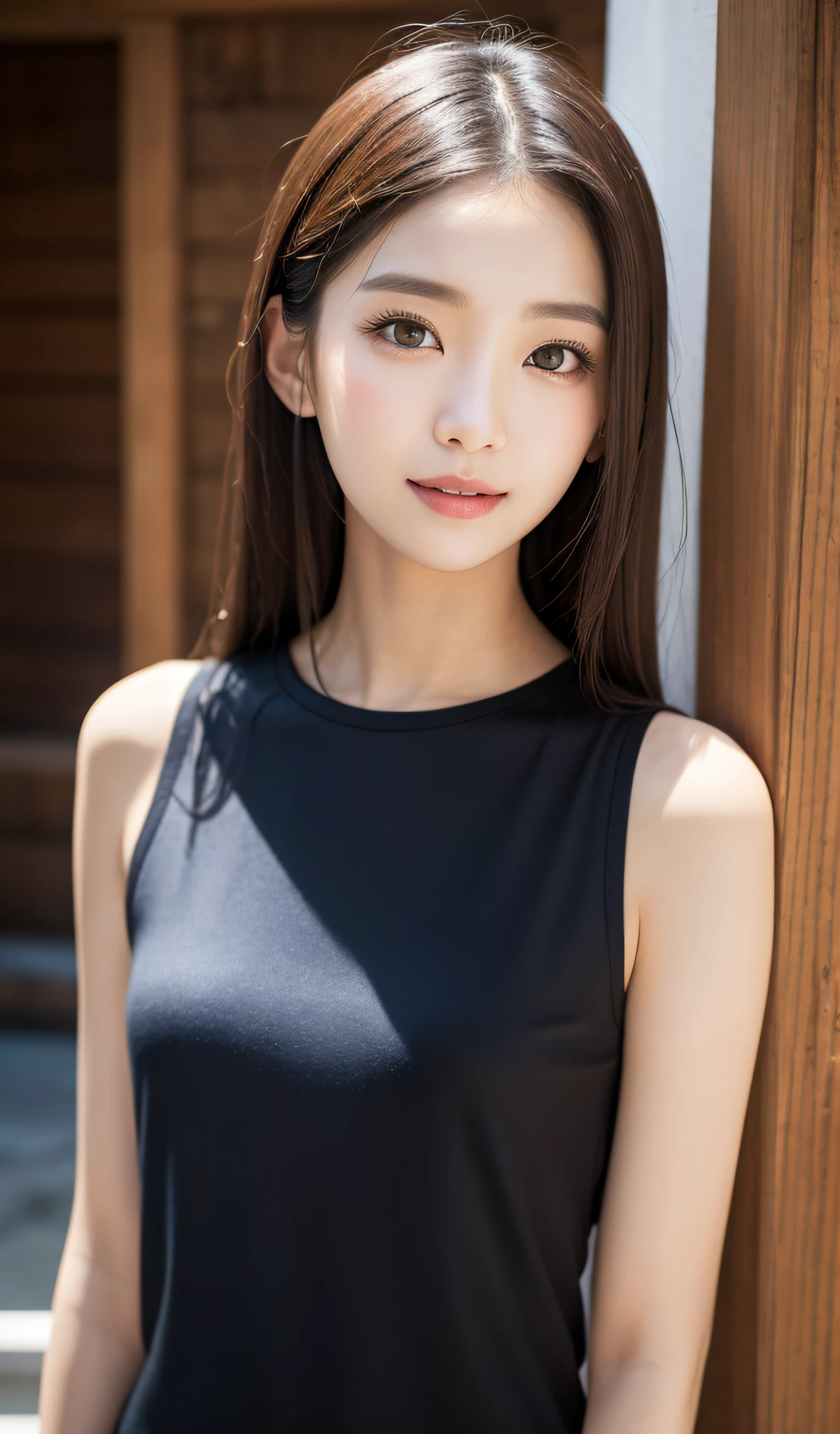 ((best qualtiy、8k masterpieces:1.3))、foco nítido:1.2、(ultra beautiful faces:1.0)、(Slender Abs Beauty:1.0)、(shinny skin:1.0)、photos realistic、A dark-haired、Video Lighting、High-definition eyes and face、Video Lighting、(cowboy shot:1.3)、White swimsuit、(Korean Cute Actress)、from the front side、medium large breasts、A slight smile、Sleeveless