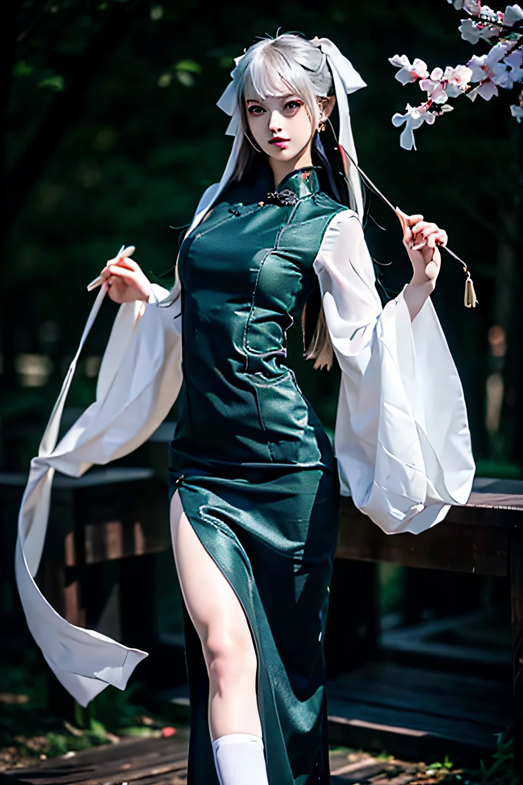 There is a girl in a green dress, plum blossoms, palaces, oriental architecture ray tracing, {best quality}, {{masterpiece}}, extremely detailed 8K wallpaper, {an extremely delicate and beautiful}, colorful, intricately detailed, Realistic, real, camera quality, (detailed depiction of clothes), cool white skin, (detailed depiction of blush), 1080p, sun, soft cuteness, smooth light silver hair, messy beauty, lighting, broken feeling, bright and silky skin , 3D stereoscopic, masterpiece, best quality, super fine illustration, beautiful eyes, very fine light, fine glow, very fine 8K CG wallpaper, peach eyes, red pupils, an extremely delicate and beautiful girl, 8k Wallpaper, best quality, full body close-up, white long dress, luxurious silky bright red chiffon floodlight (magic, glitter, ultra-thin, soft,) Hanfu