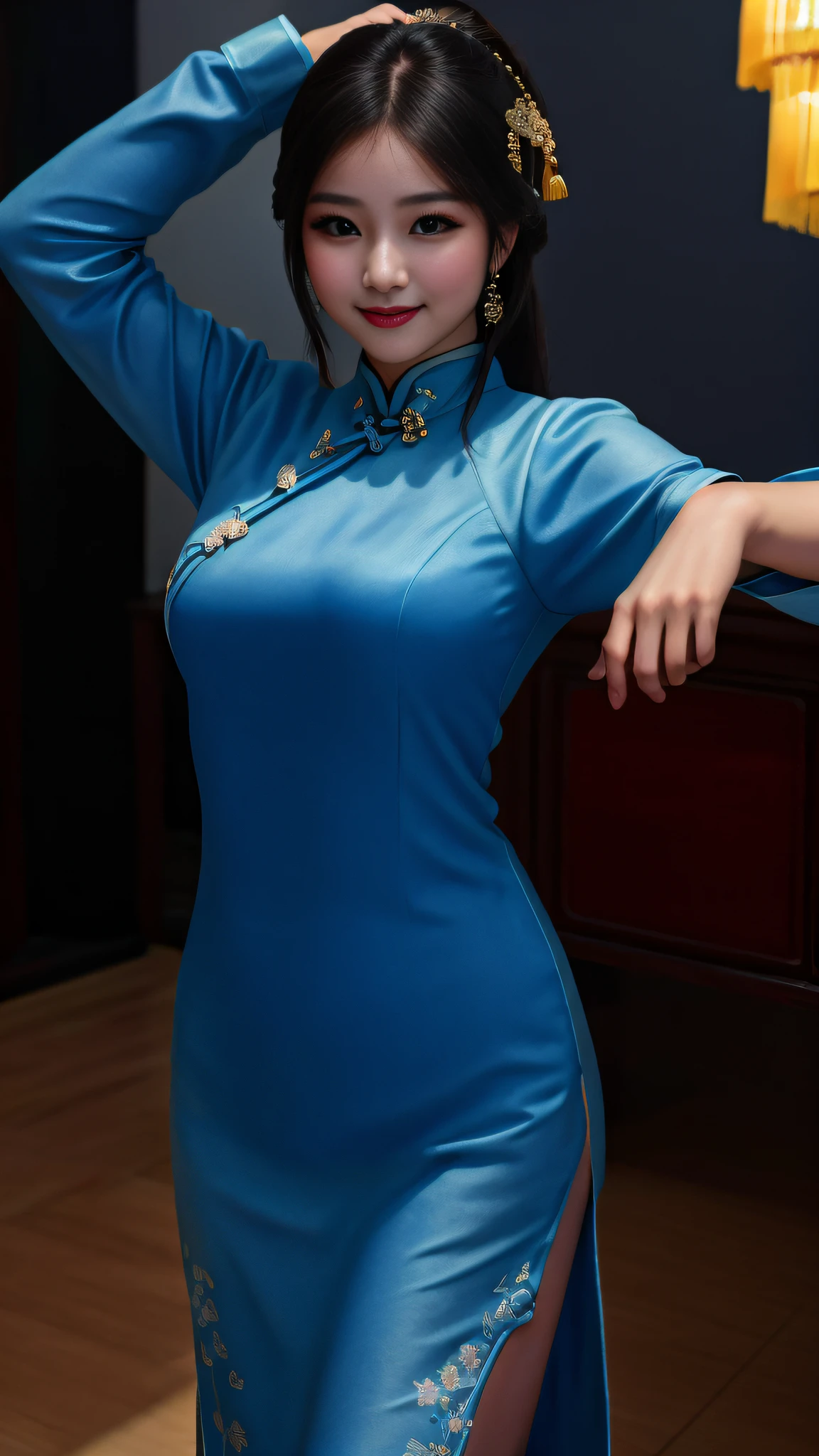 (Masterpiece, offcial art, Extremely detailed, Detal Face), (Realistic), (Women in traditional Chinese style), Blue cheongsam: 1.2, Dance, posing elegantly, Light smile, (Photorealistic), Verism, angle of view, Best quality, hyper HD, Super detail, Best quality, 8K, 4K