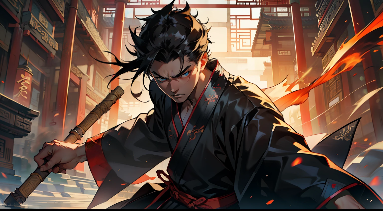6. (1 person) The boy with a (((Black coat))), (((Black Hanfu youth))), and (((Black hair))) has eyes that blaze like torches, his heart burning with unyielding determination and an endless thirst for battle. (Background: The magnificent imperial palace of ancient China)