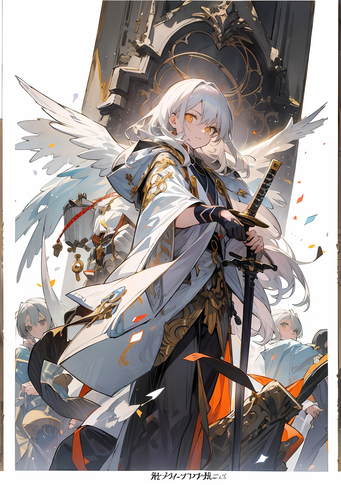 anime characters are standing in front of a wall with a sword，Golden pupils,  light novel cover art, Epic light novel art cover, Detailed key anime art, ethereal anime, White-haired god, best anime character design