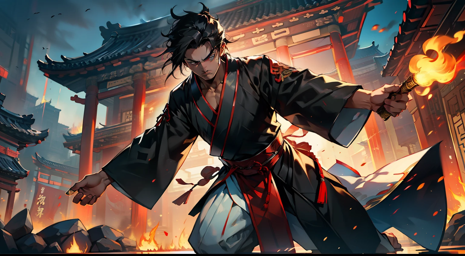 6. (1 person) The boy with a (((Black coat))), (((Black Hanfu youth))), and (((Black hair))) has eyes that blaze like torches, his heart burning with unyielding determination and an endless thirst for battle. (Background: The magnificent imperial palace of ancient China)